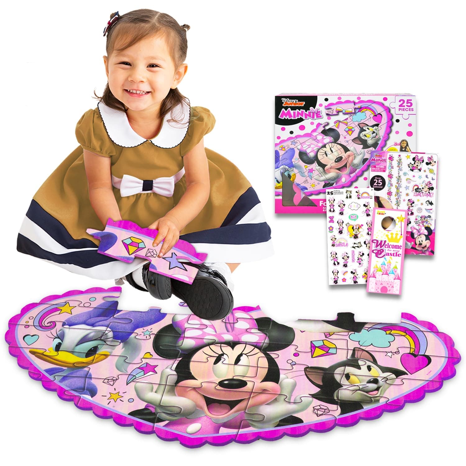 Minnie Mouse Floor Puzzle Set - Bundle with 25 Pc Minnie Foam Floor Puzzle for Kids with Minnie Stickers, Tattoos, More | Minnie Mouse Jigsaw Puzzles for Girls