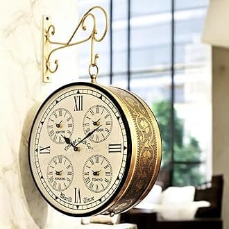 Vintage Clock Handcrafted Double Side Clock with World Time 1 Year Warranty (12 Inches Size, Brass Finish, Floral Design)