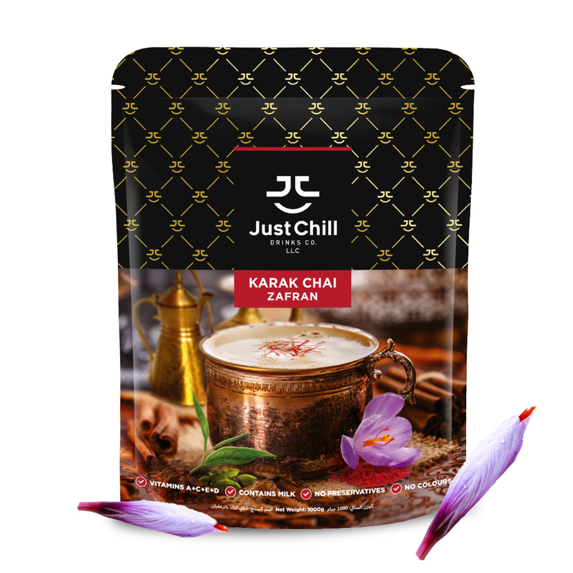 Just Chill Drinks Co. Tea Premix - Rich and Authentic Karak Chai Zafran, Refreshing Tea, 1000 g