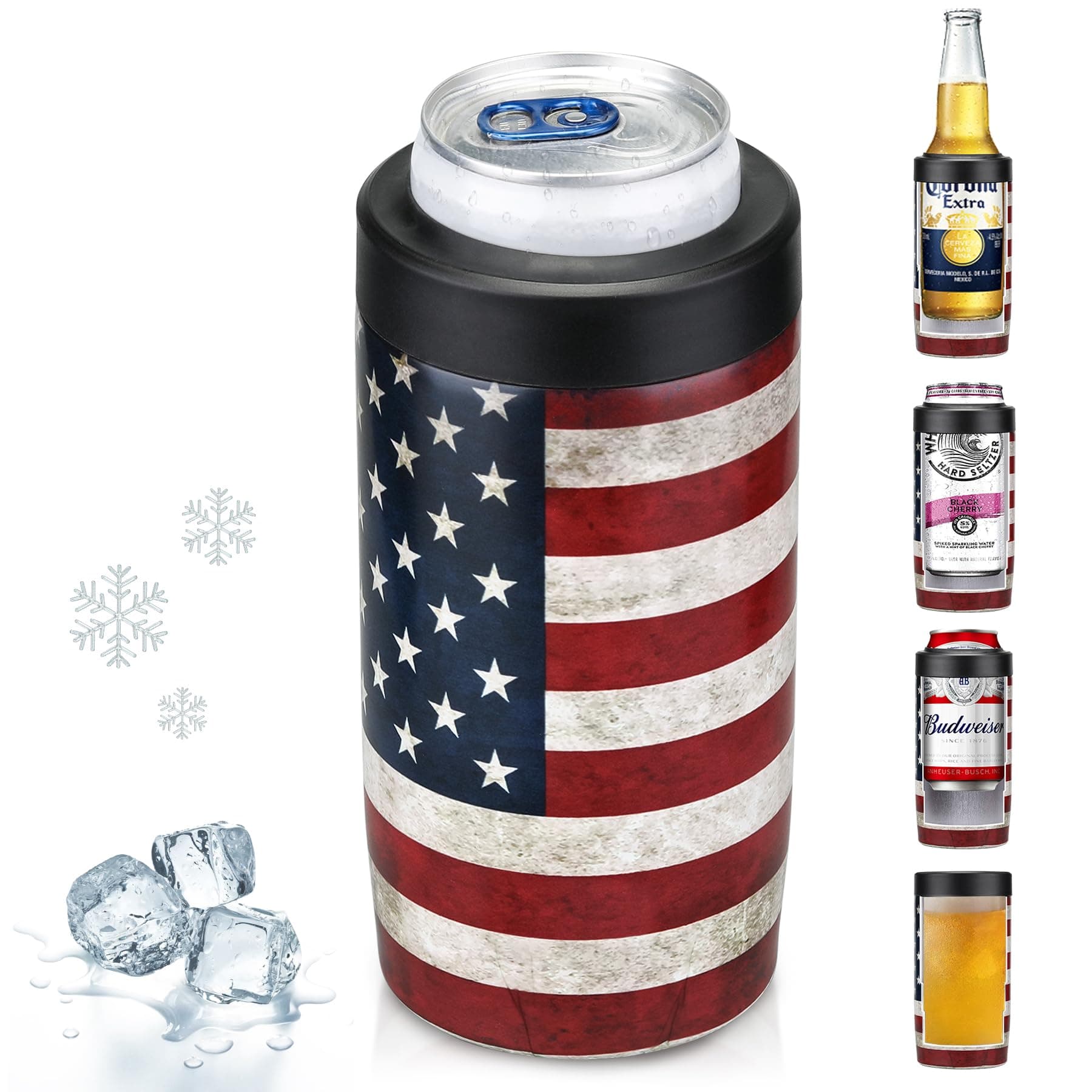 Maxso Slim Can Cooler, 4-in-1 Double Walled Stainless Steel Insulated Beer Can Holder, Works With All 12 Oz Cans,Bottles & As A Pint Cups - America Flag