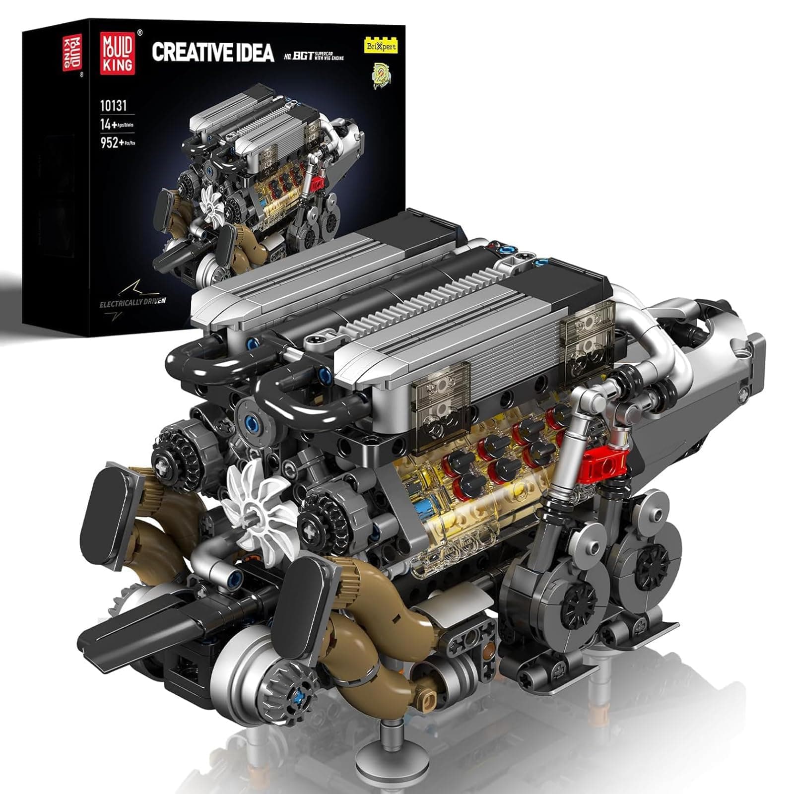 Mould King 10131 MOC Technology W16 Combination Block Kit for Tight V8 Engines with Engine Clamp Blocks and Battery Box, Four Turbochargers (952+ Pieces)