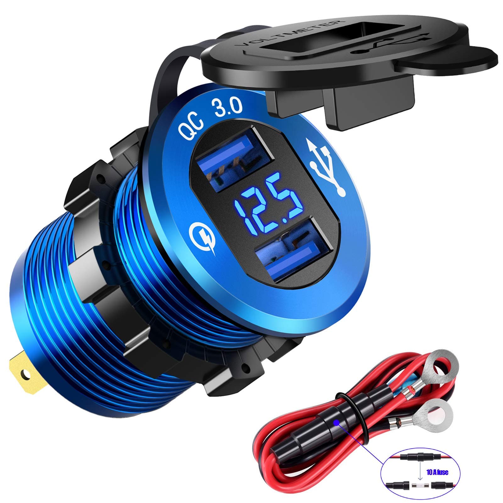 YONHAN 12V USB Outlet Quick Charge 3.0 Dual USB Charger Socket, USB Cigarette Lighter Socket with LED Voltmeter, Waterproof Aluminum Car Charger Adapter DIY Kit for Car Marine Truck Golf Cart RV, etc.