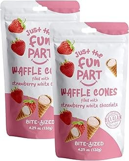 Just The Fun Part Waffle Cones Filled with Strawberry White Chocolate | Bite-Size Crispy Mini Waffle Cones | Filled With Premium Belgian Chocolate | Kosher | 4.23 Ounce [Pack of 2]