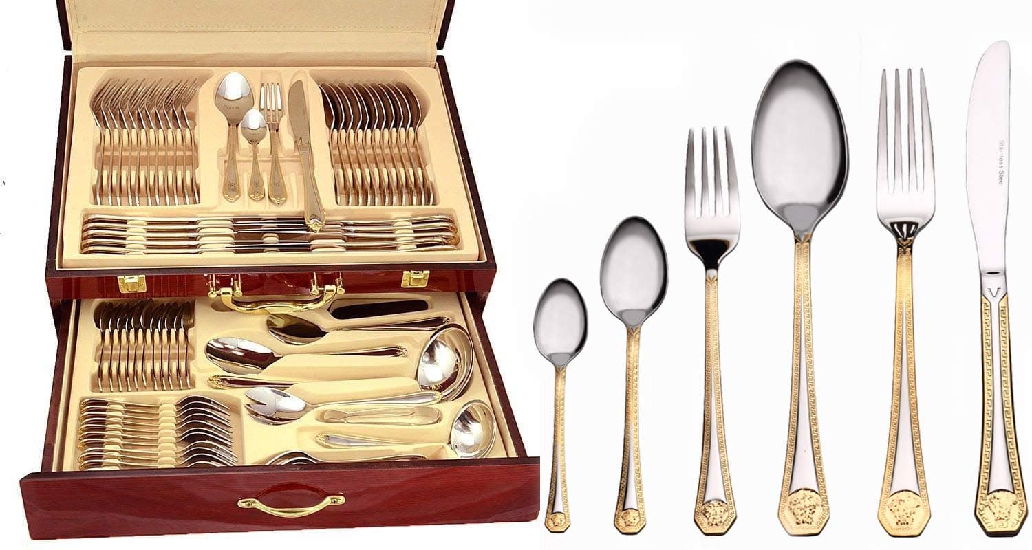 75-Piece Gold Flatware Set Dining Service for 12 - Premium 18/10 Stainless Steel - 24K Gold Plated Trim - Silverware Serving Set Lightweight - Wood Flatware Box - Dishwasher Safe (Greek)