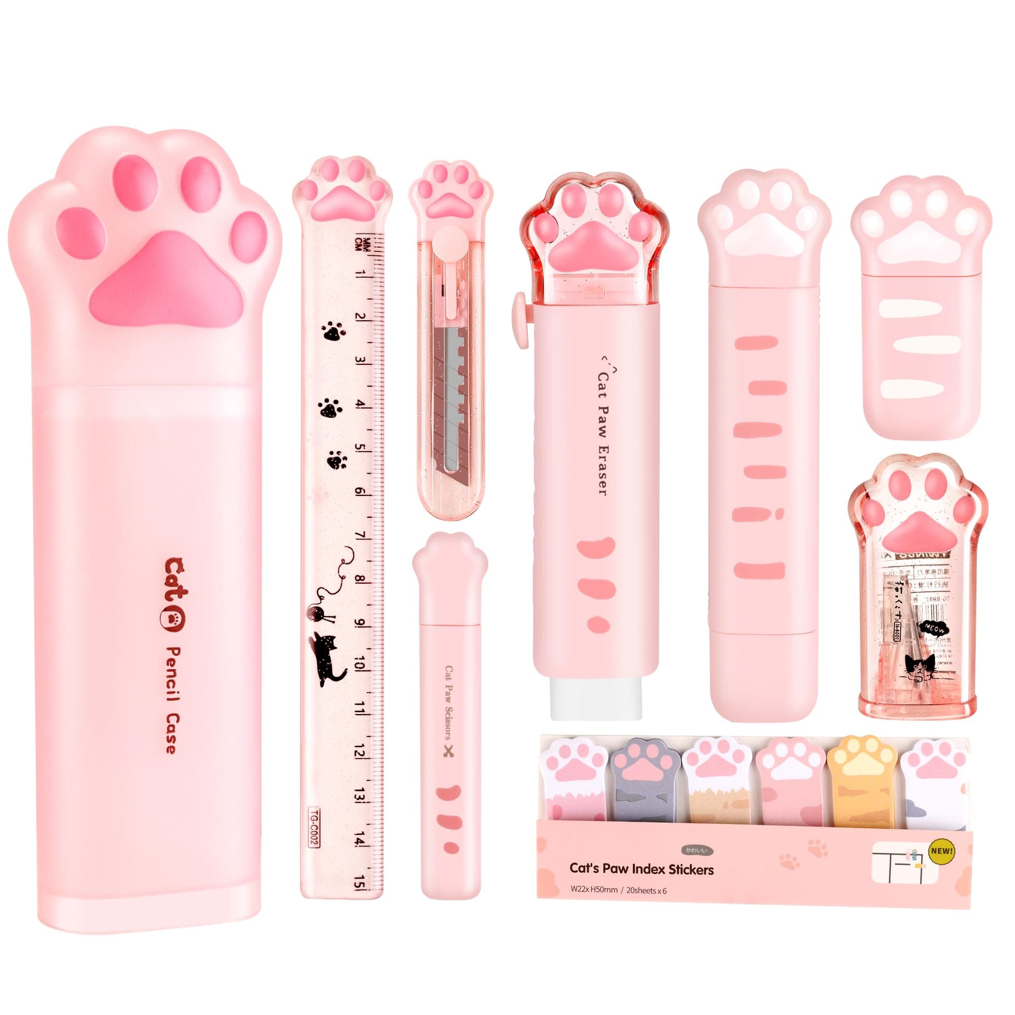 10 Pcs Cute Stationery Set, Pencil Sharpener Retractable Eraser Correction Tape Sticky Notes Ruler Mini Scissors Utility Knife, for Kawaii School Supplies (Cat Paw-Pink) (NC121)