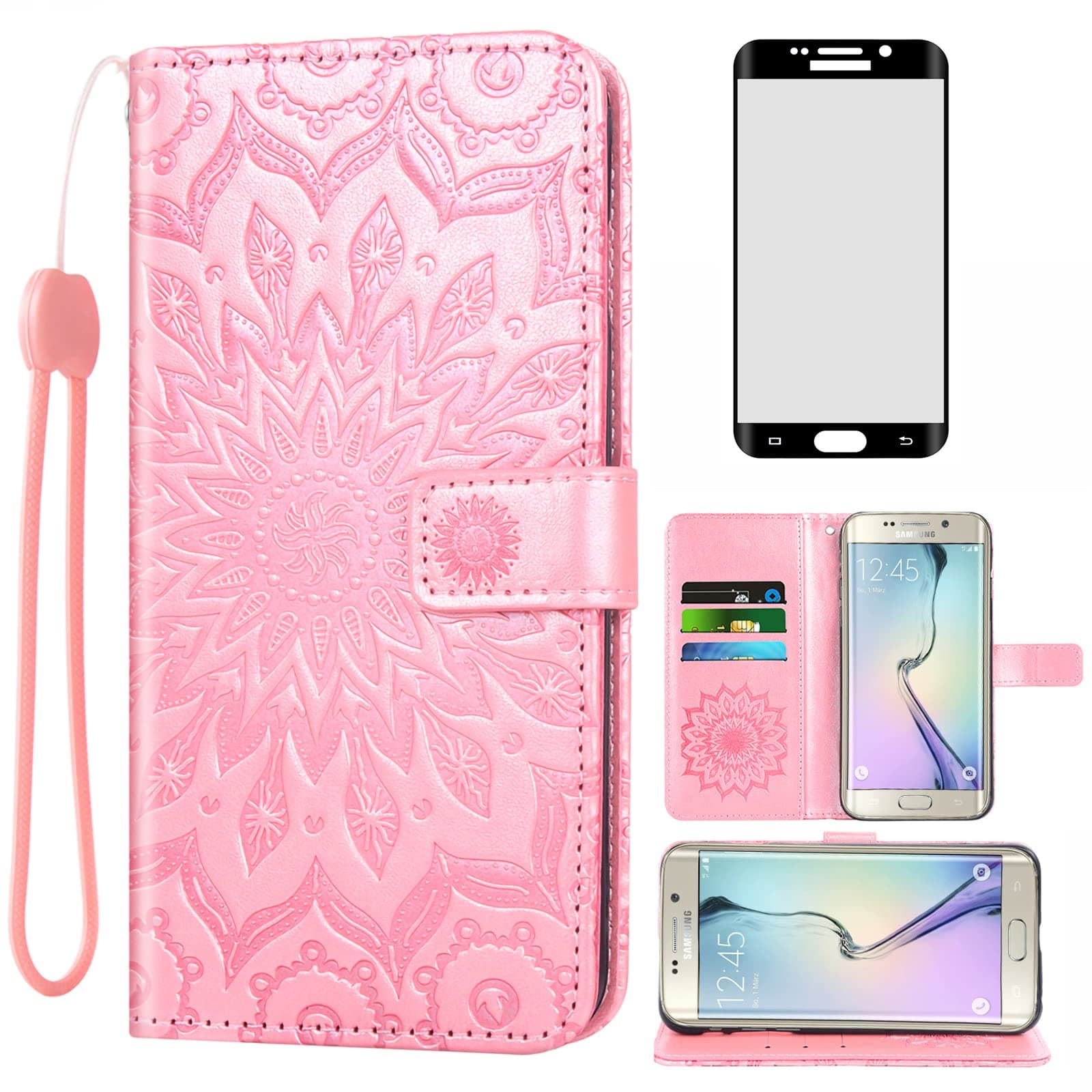 Phone Case for Samsung Galaxy S6 Edge Plus Wallet Cases with Tempered Glass Screen Protector Leather Flip Cover Card Holder Stand Cell Accessories Glaxay S6edge + S 6edge 6s 6 Edge+ Women Rose Gold