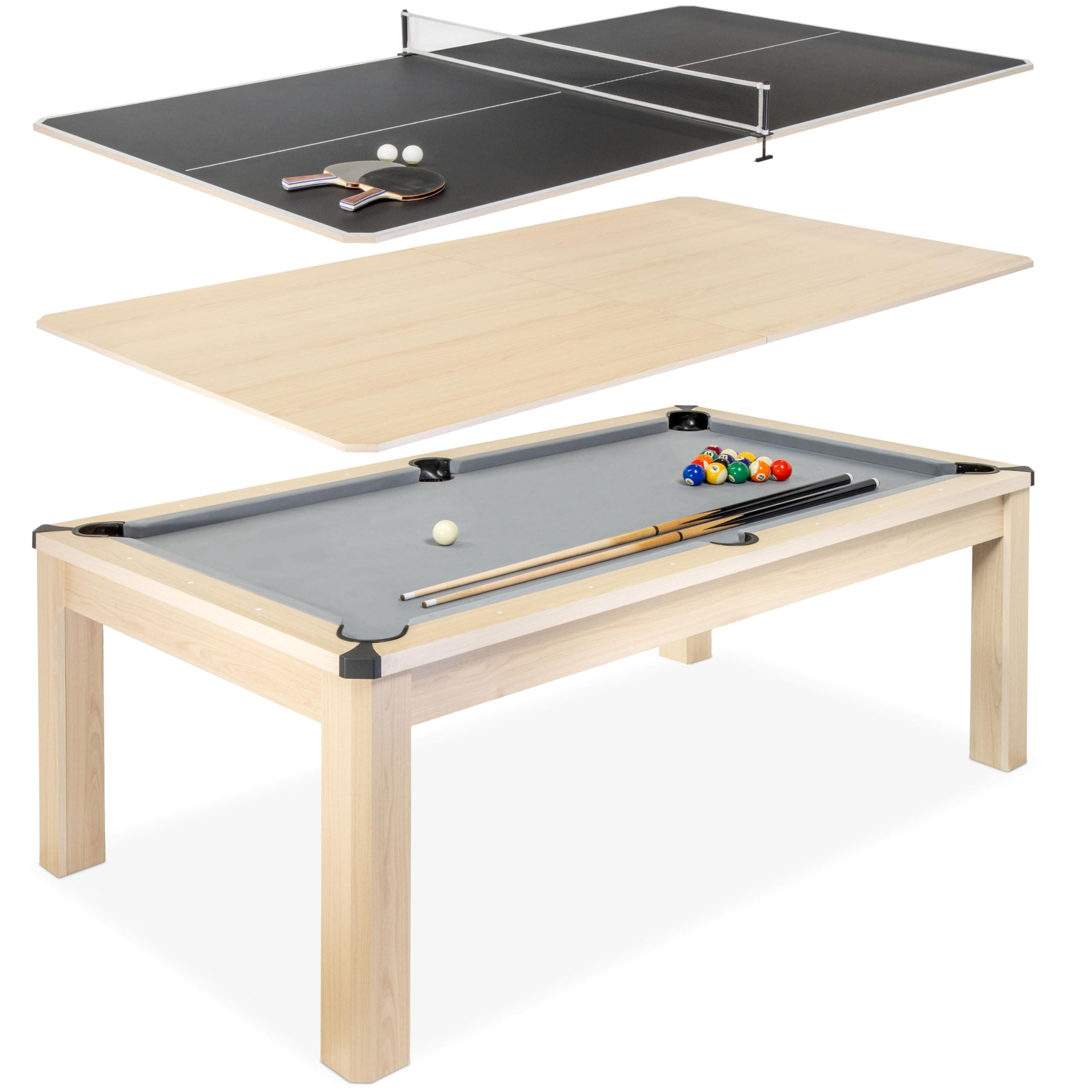 GoSports 3 in 1 Pool, Dining, & Table Tennis Combo Table and Storage Benches - 7 ft or 8 ft - Convertible Billiards and Table Tennis with Accessories
