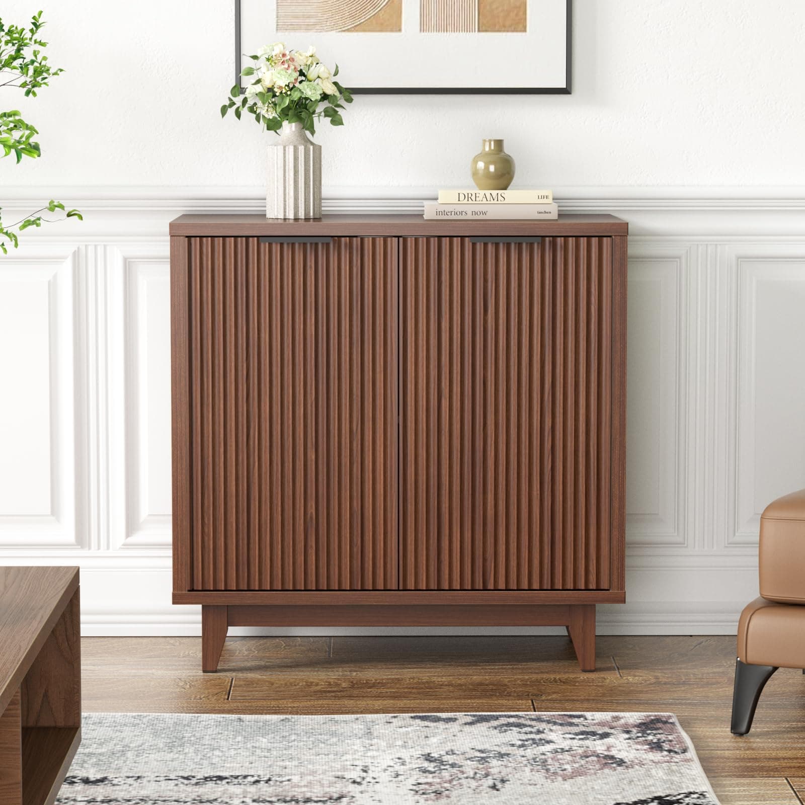 Fluted Cabinet with Storage, 2 Doors Sideboard Buffet, Mid Century Modern Accent Cabinet with Adjustable Shelves, Multifunctional Console Table with Storage for Living Room, Kitchen, Entryway