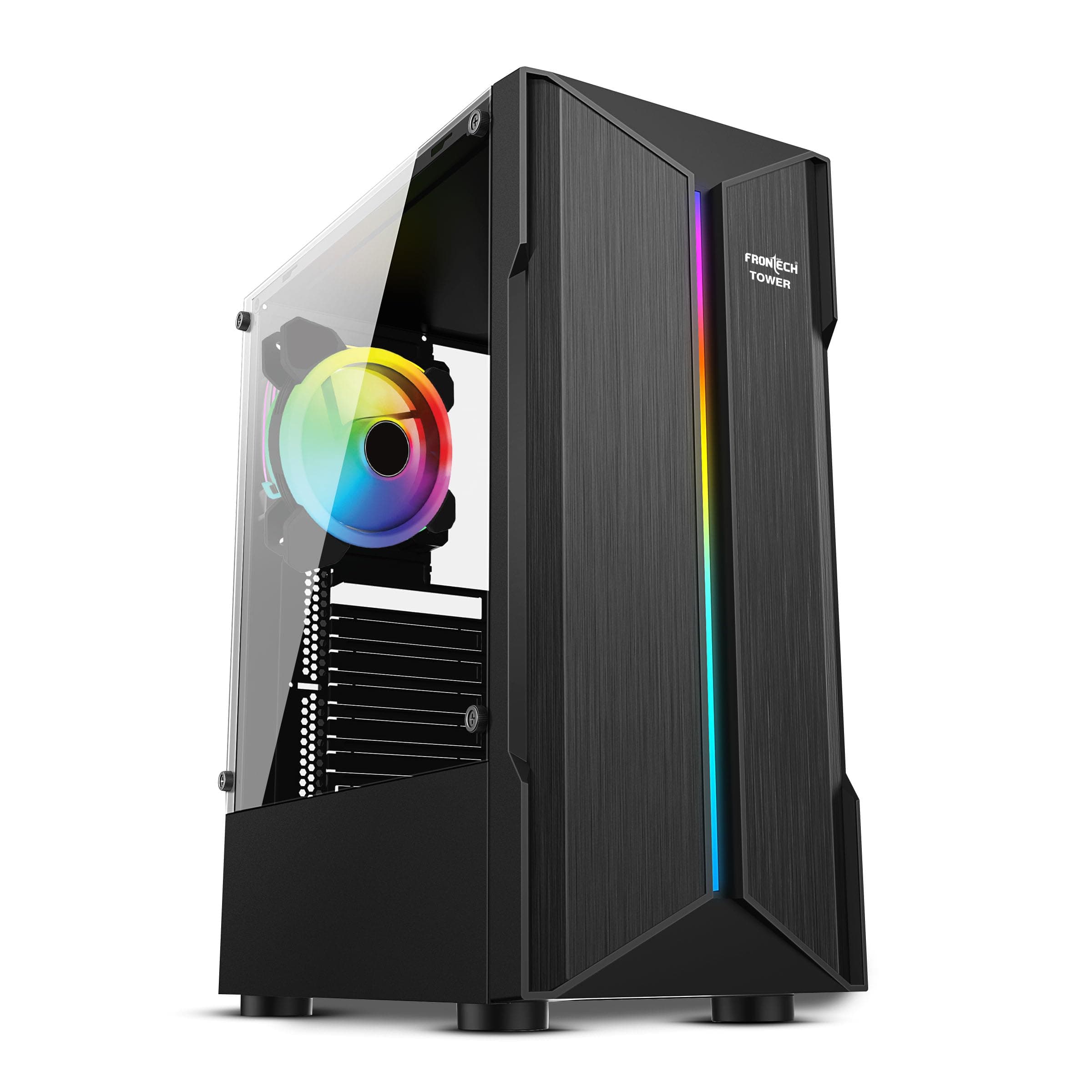 Frontech Tower Gold Computer Cabinet | Mid-Tower PC Case | Acrylic Side Panel | Front RGB LED Strip | 120mm LED Fan | USB 3.0 | ATX/mATX Support (FT-4362, Black)
