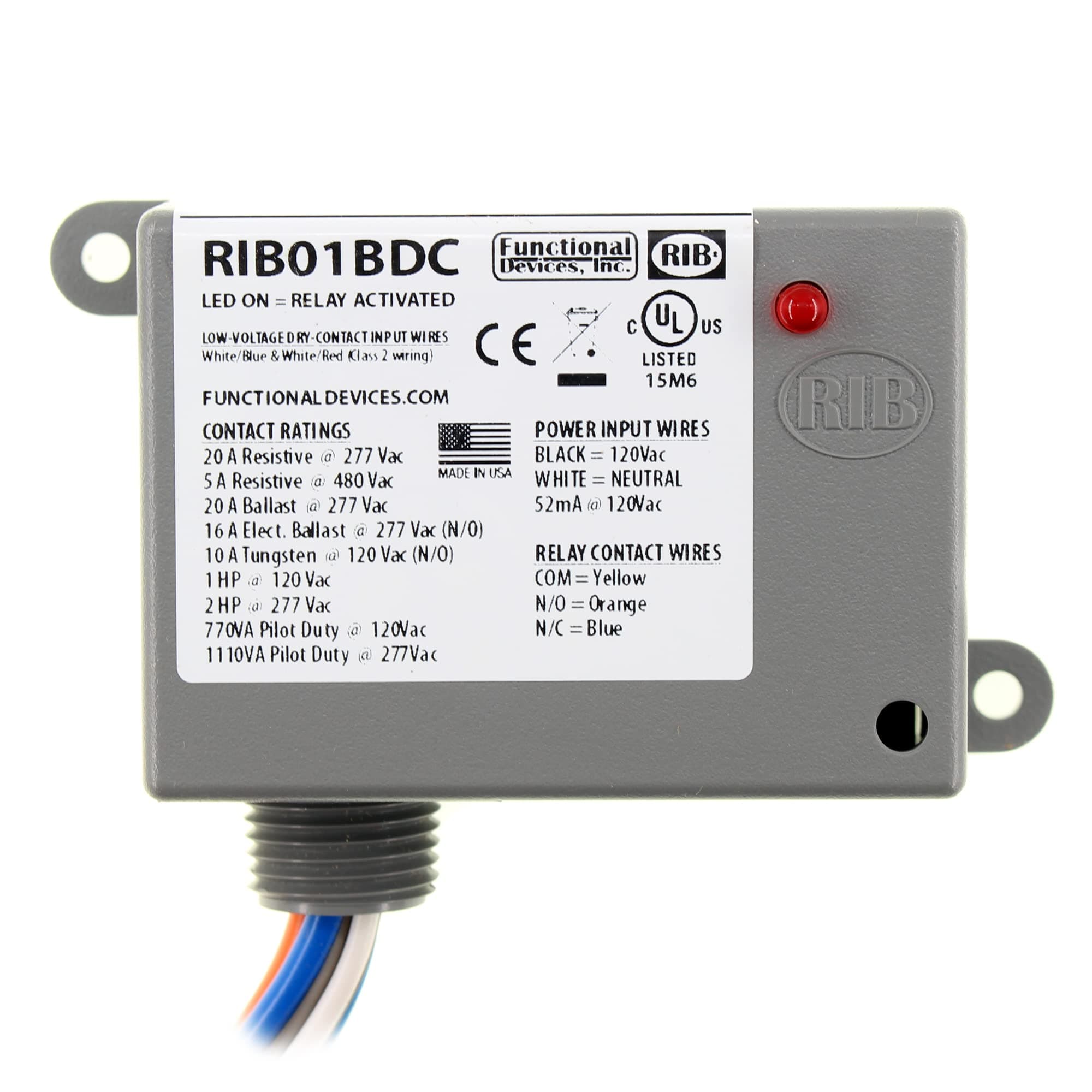 Functional Devices RIB01BDC Dry Contact Relay, 20 Amp SPDT, Class 2 Dry Contact Input, 120 Vac Power Input, NEMA 1 Housing