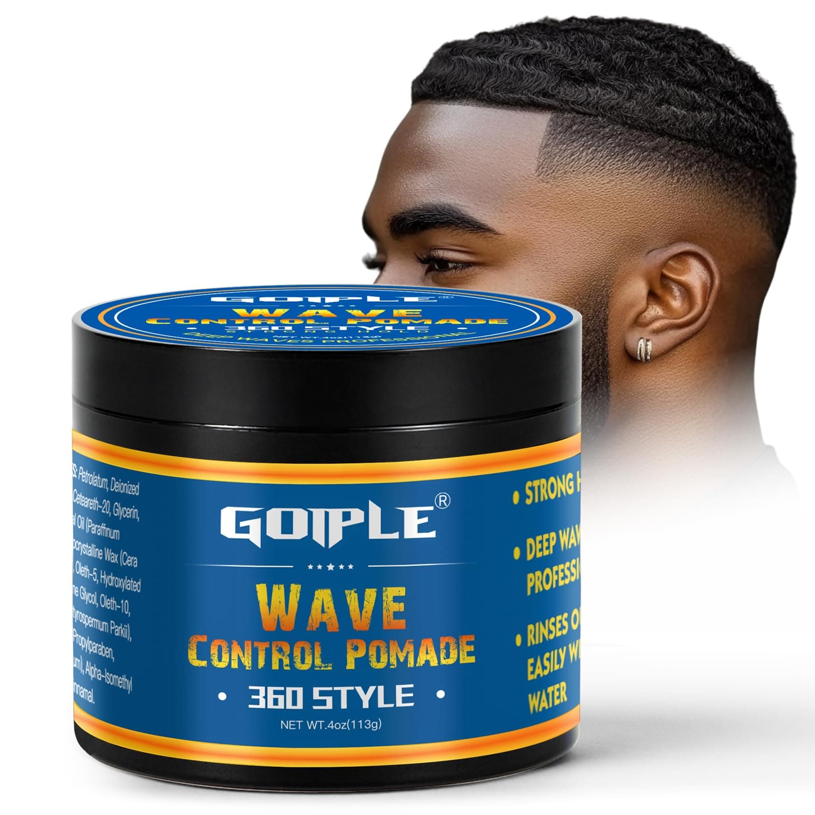 Goiple Natural Wave Pomade Strong Hold Easy Wash 360 Wave Training Hair Cream, Waves Grease for Men Water-Based Hair Cream for Wave, Moisture, Control and Silky Shine, Wave Pomade for Black Men 4oz