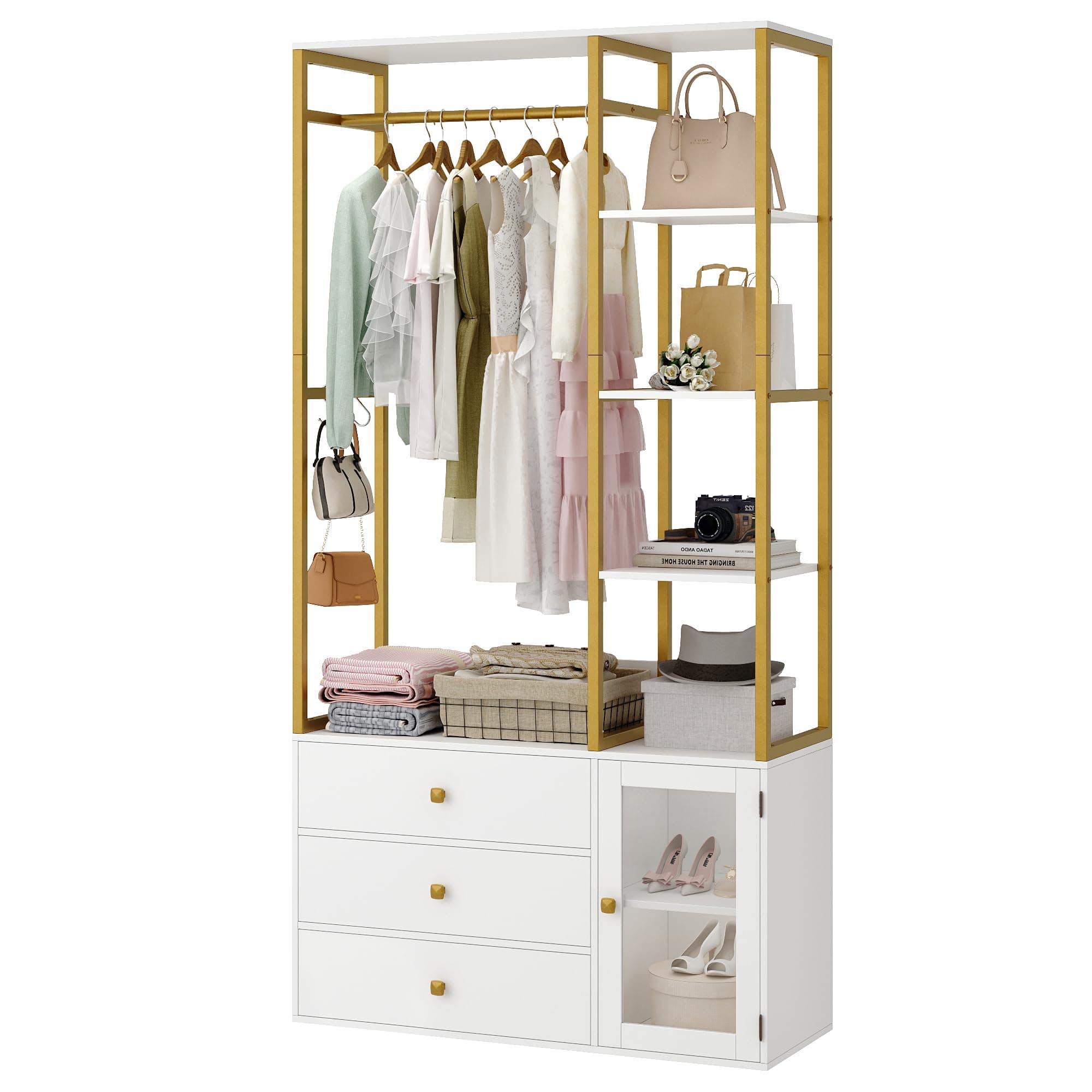 BOTLOG Closet System Organizer, 81.3” H Wardrobe Closet with 3 Wooden Drawers, Clothes Rack with Hanging Rods, 4 Tiers Shelves, Metal Frame, White and Gold