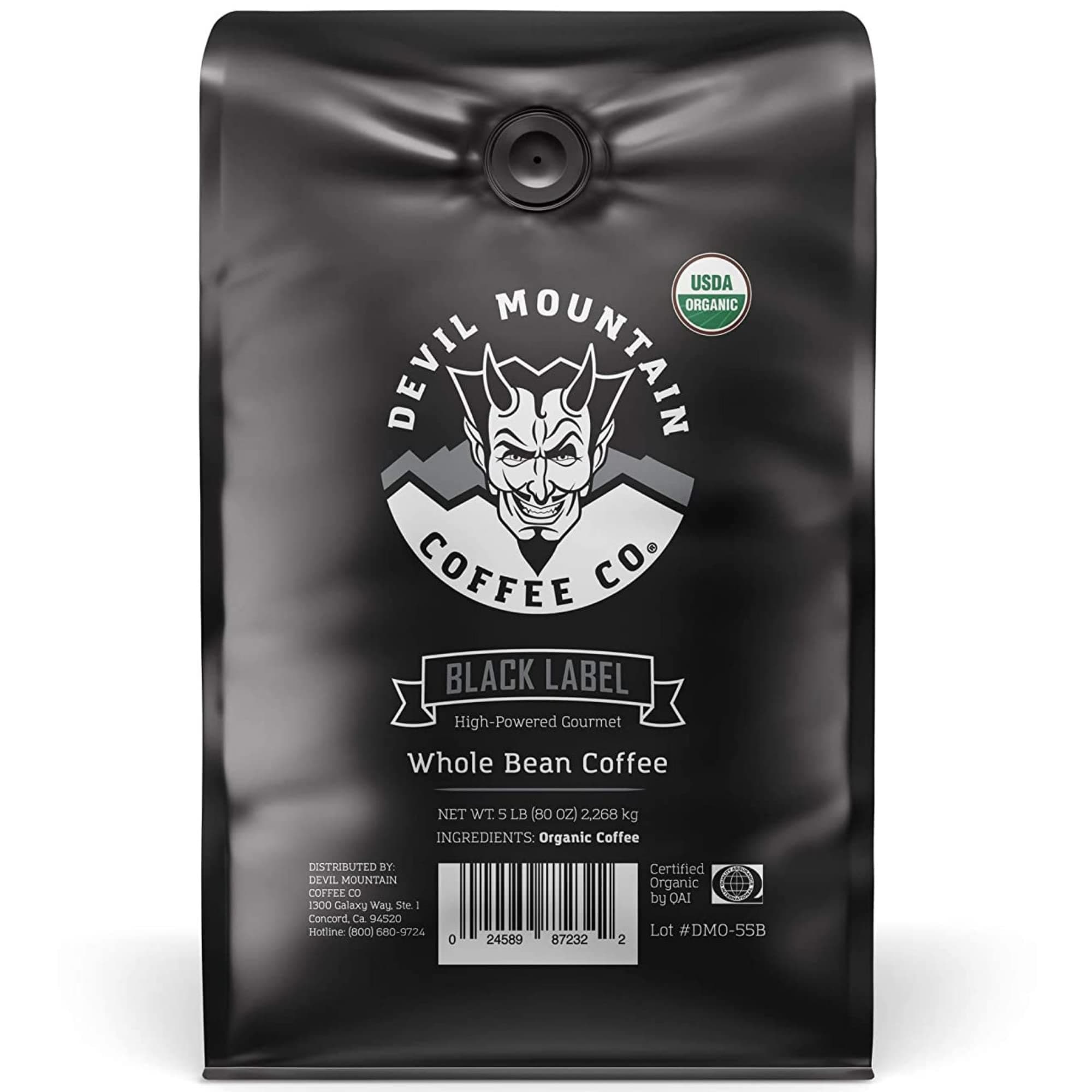 Devil Mountain Black Label Dark Roast Whole Bean Coffee, Strong High Caffeine, USDA Organic, Fair Trade, Gourmet Artisan Roasted, 80 oz Bag