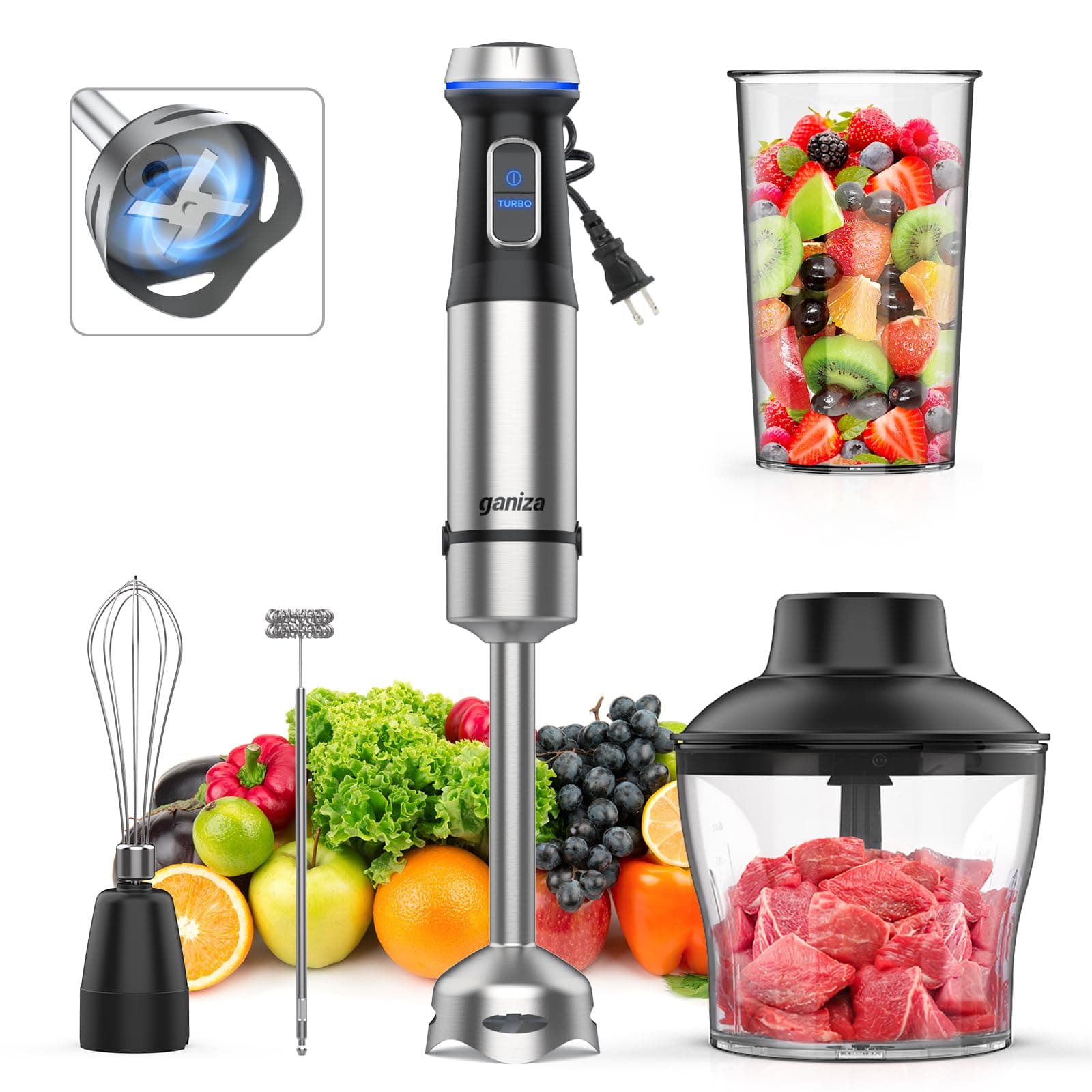 Immersion Blender 5 in 1 Hand Blender Max 1000W Heavy Duty Motor, 16 Speed Mode Handheld Blender Stainless Steel Blade With 800ml Mixing Beaker, 600ml Chopper, Whisk and Milk Frother