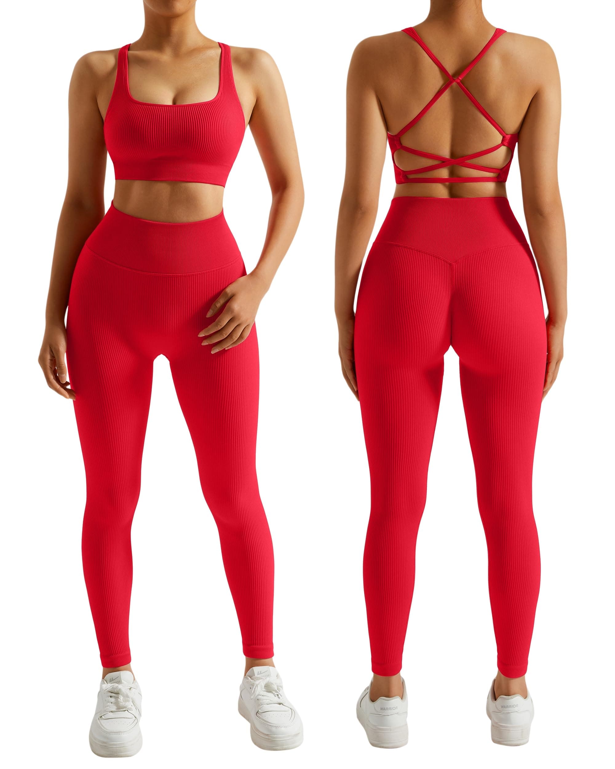 RXRXCOCO Ribbed Workout Sets for Women 2 Pieces Backless Strap Sports Bra Seamless Leggings Matching Set Yoga Outfits, #004 Red, M