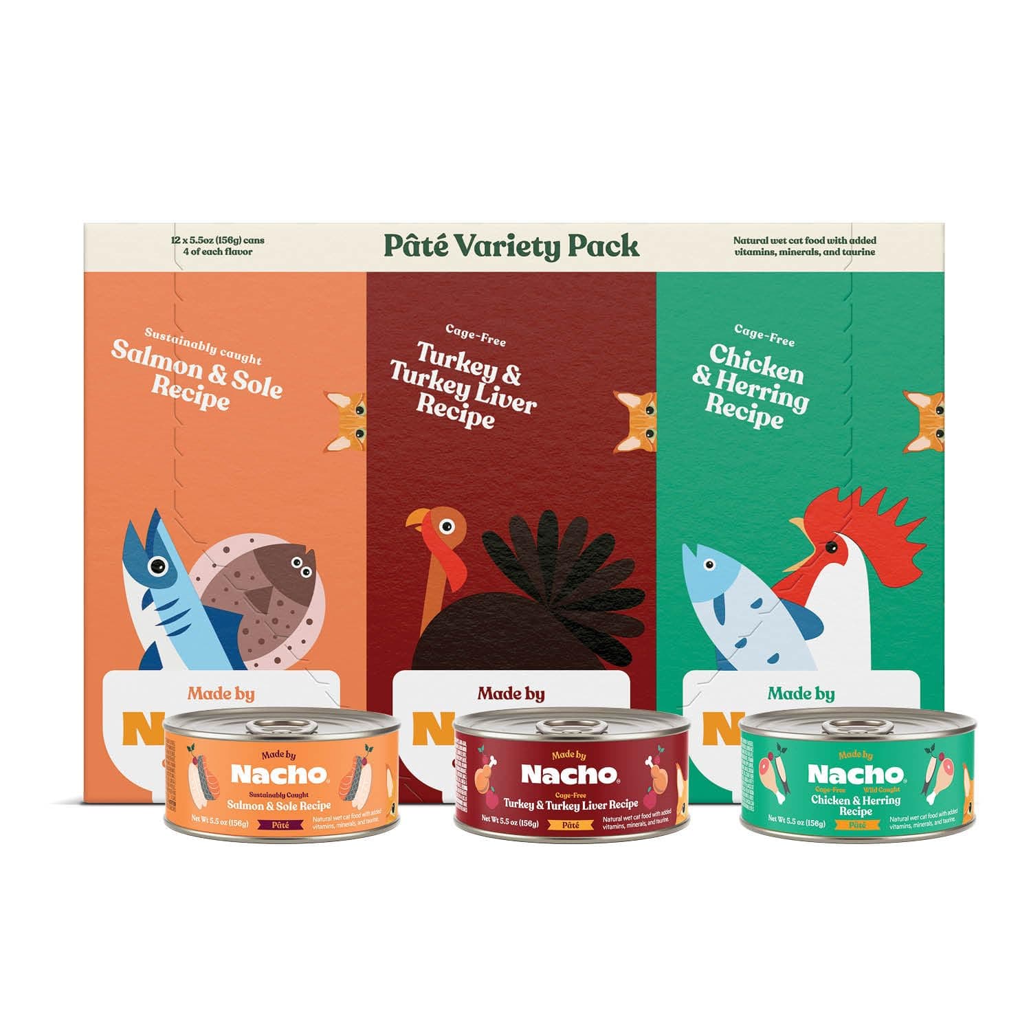 Pate Wet Cat Food Variety Pack, Chicken, Salmon, and Turkey, 5.5 Ounce Cans, Grain-Free Canned Pet Food, Bone Broth Infused for Hydration, Limited Ingredients, 12 Pack