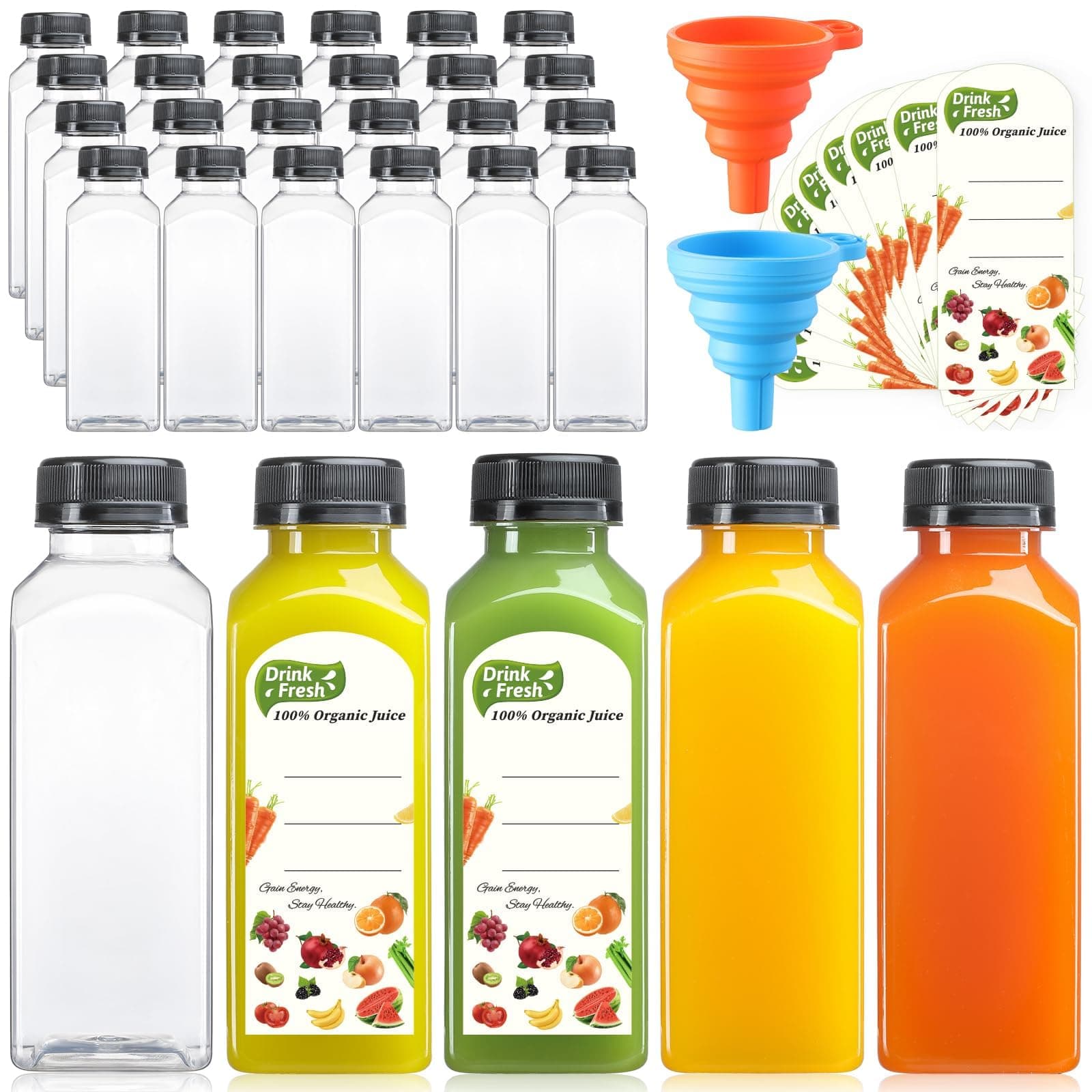 24 PACK, 12 OZ Reusable Plastic Juice Bottles with Caps, Plus 24 Labels & 2 Silicone Funnels - Clear Juicing Bottles for Juice, Smoothies, Ginger, Tea, Coffee - Food Grade & Leakproof Travel Bottles