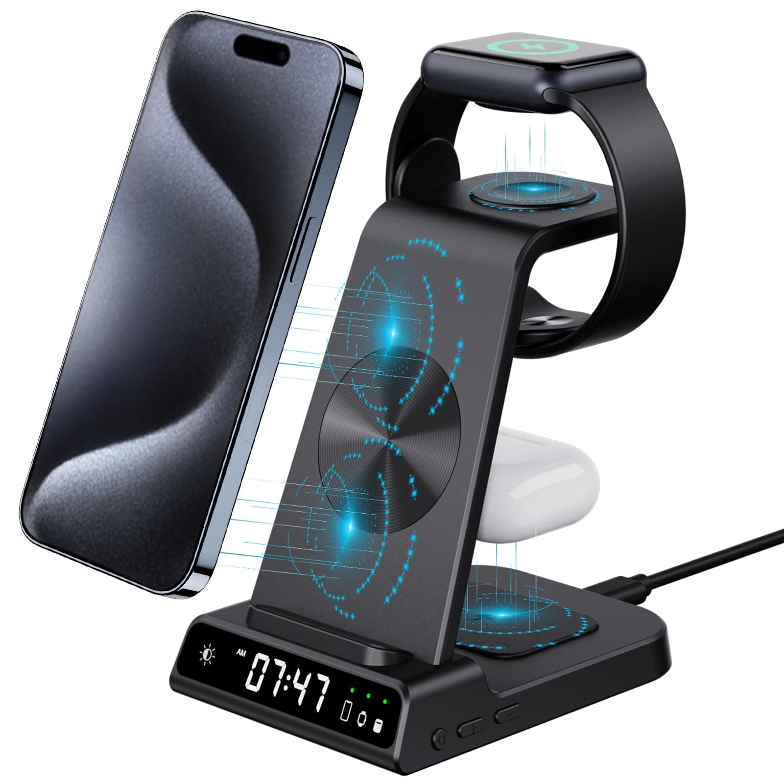 Wireless Charger, 3 in 1 Wireless Charging Station with Clock for iPhone 16 Pro Max 15, Apple Watch Charger Stand for iWatch,for Airpods Pro/3/2