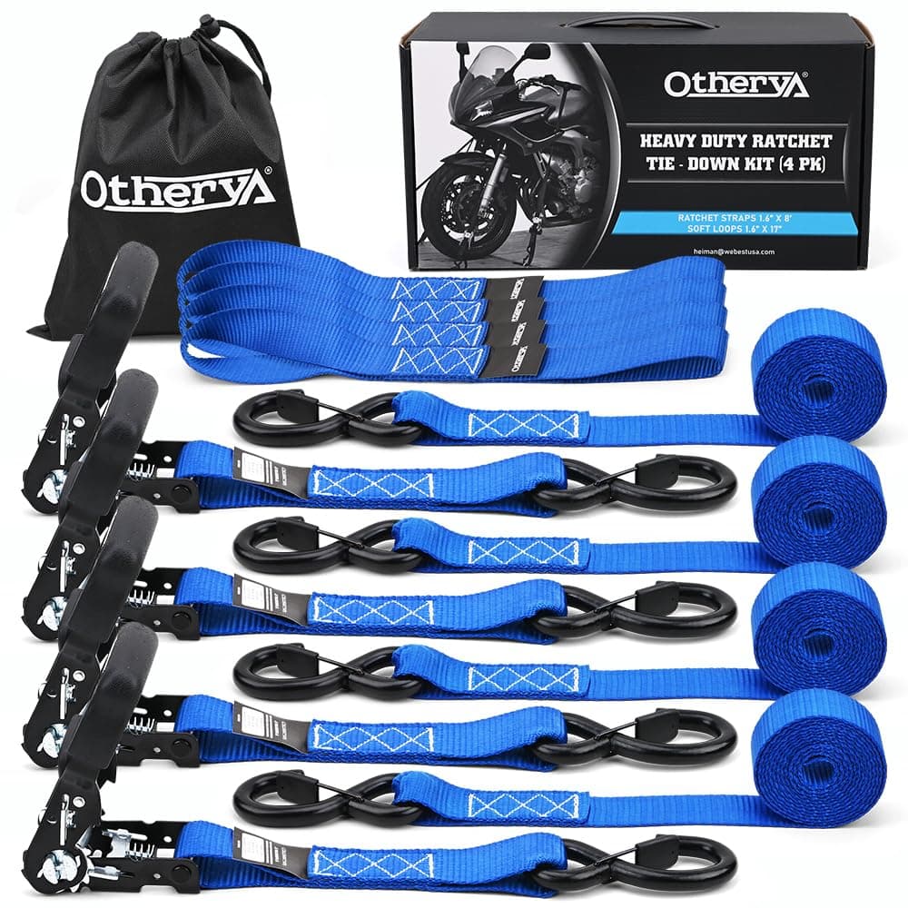 - TIE Down Strap Ratchet Tie Down Straps - 1.6" x 8 ft 5208 Lb Break Strength - Cargo Straps for Securing Motorcycle, Kayak, Truck, Trailer and Boat Lawn Equipment- Includes 4 Soft Loops(Blue)