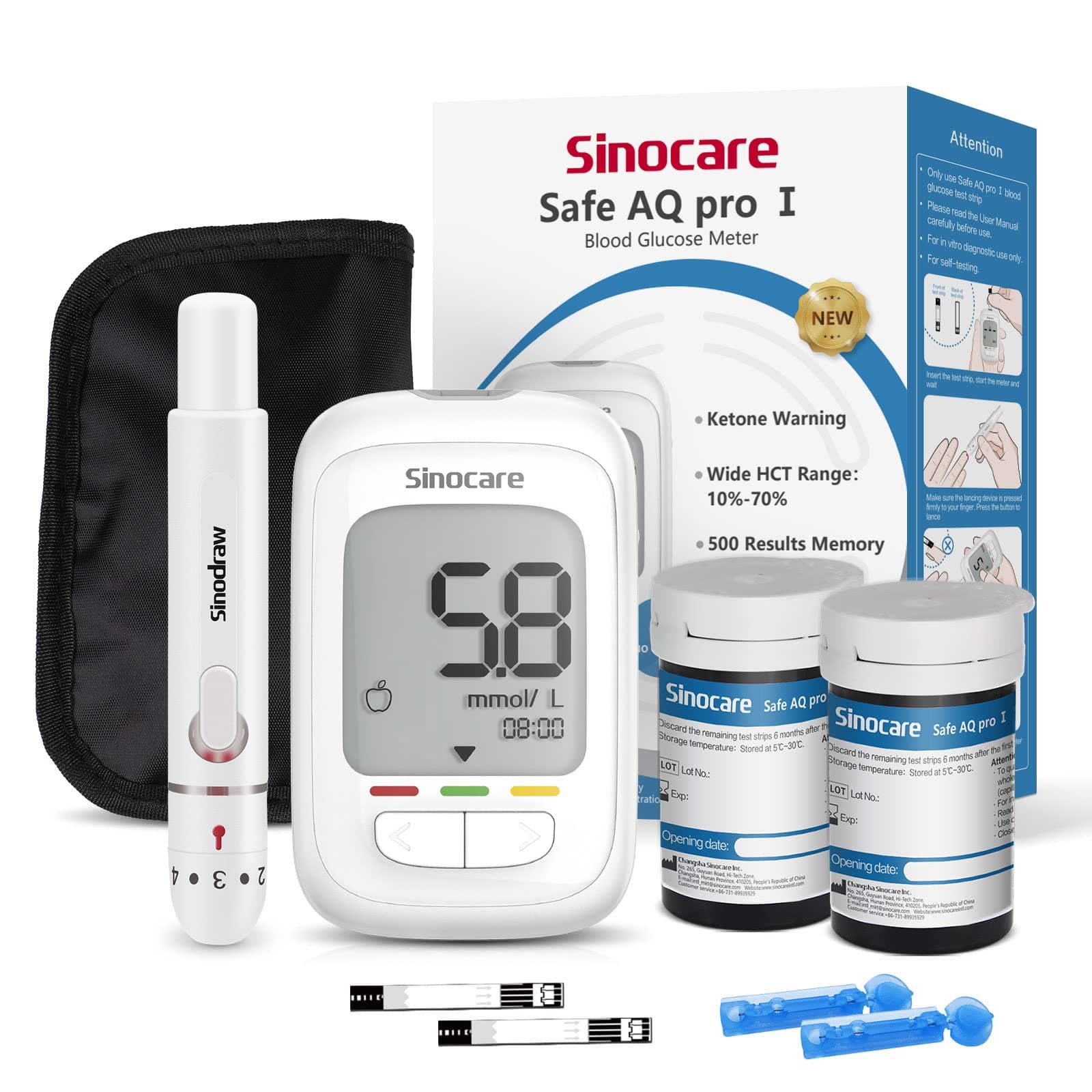 Blood Sugar monitor, Safe AQ Pro I Diabetes Testing Kit with 50pcs Strips & 50pcs Lans., Blood Glucose Monitor with Ketone Warning Fuction, No Coding, mmol/L