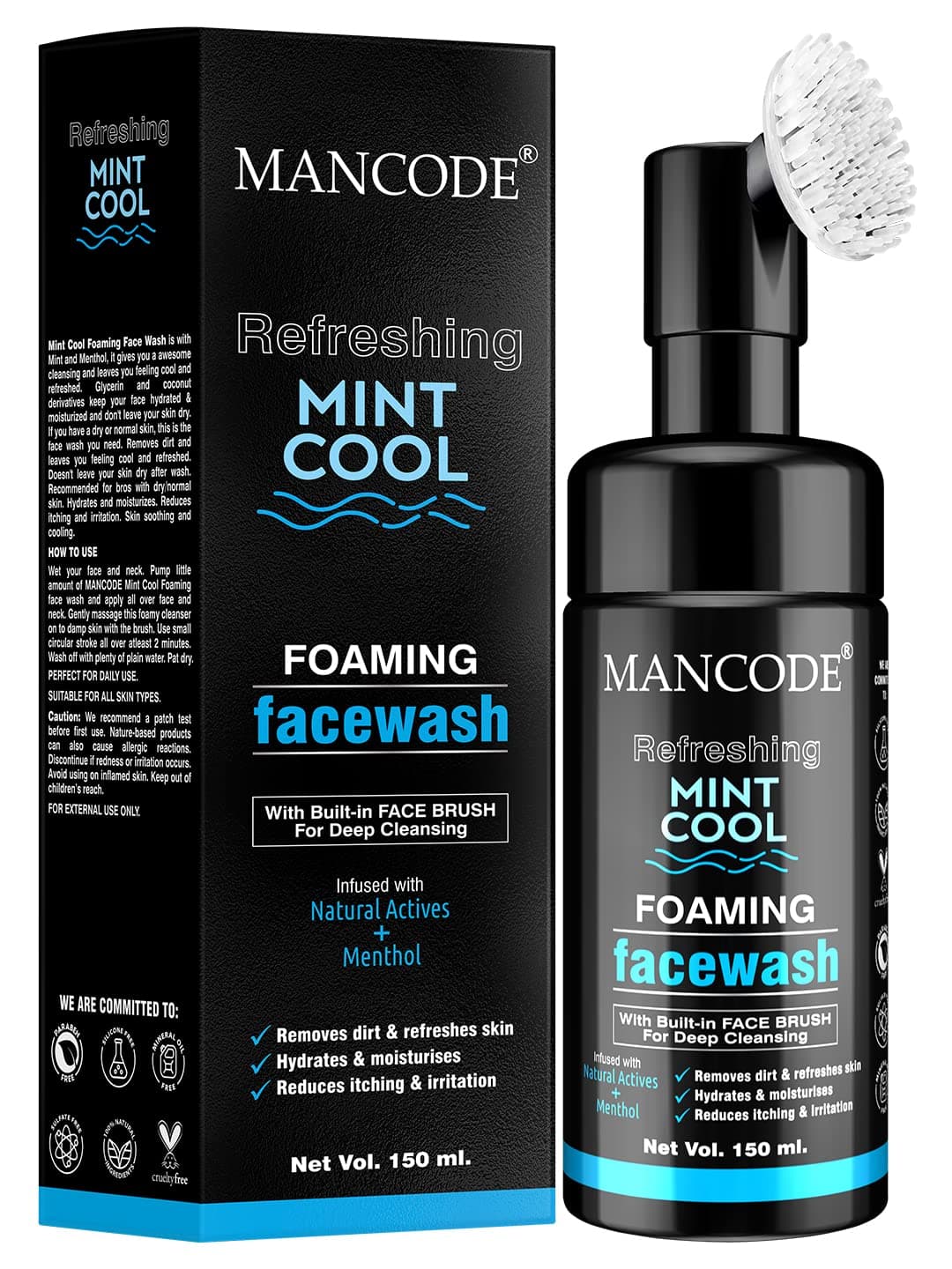 Mancode Refreshing Mint Cool Face Wash with Built in Brush Face Wash For Men Removes Dirt, Refreshes Skin, Reduces Itching & Irritation No Paraben Sulphate or Silicone 150 ml Face Wash for Men.