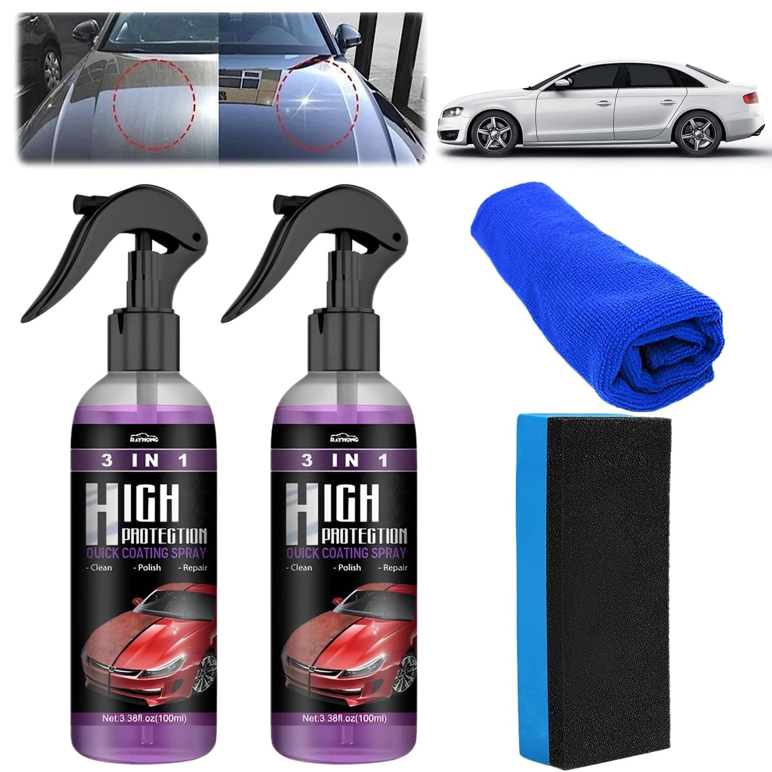 3 in 1 High Protection Quick Coating Spray, Car Scratch Nano Repair Spray, Car Coating Fast Wax Polishing Spray (2Pcs*100ml+Brush Cloth)