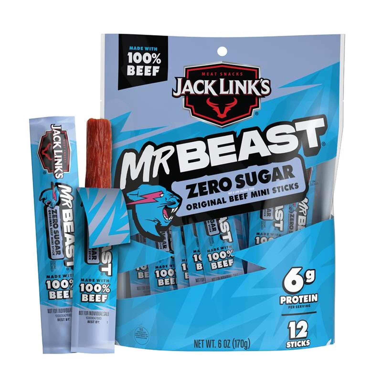 Jack Link's x MrBeast Zero Sugar Original Mini Beef Jerky Sticks - Individually Wrapped Protein Snacks - 6g Protein per Serving - Made with 100% Real Beef - (12 Pack) 0.5 oz Meat Sticks