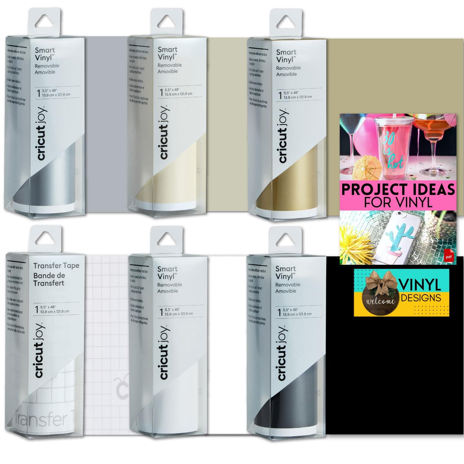 Cricut Joy Smart Removable Vinyl Rolls and Transfer Tape Bundle - Classic Colored Vinyl Roll Set with Instructional Project eBook and SVG Design Files, Create DIY Labels, Wedding Decor and Home Decals