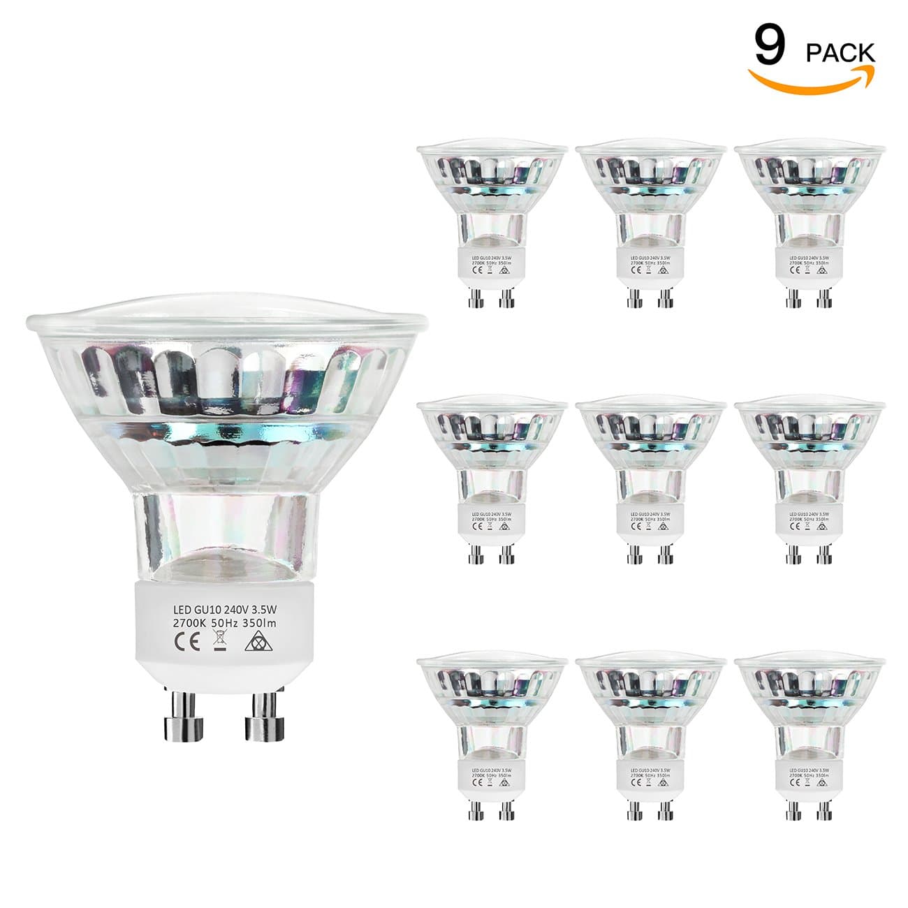 WINSEE 9 Pack GU10 LED Light Bulbs, 50W Halogen Bulbs Equivalent, 2700K Warm White Spotlight, MR16 3.5W, 350Lm, 120 Degree Beam Angle, Non-Dimmable, Built-in Lighting [Energy Class A+]