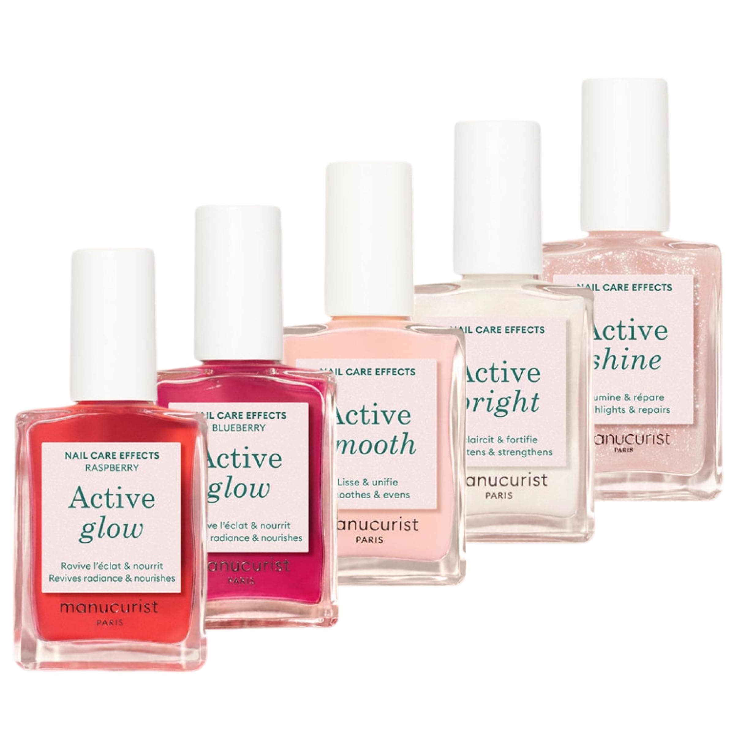 Manucurist Rainbow Active™ Flagship Active Range Set - 5 Nail Care & Polish Set - No Lamp - 5 Treatment Nail Polish : Glow Raspberry, Blueberry, Shine, Smooth, Bright - Nails Care - Vegan
