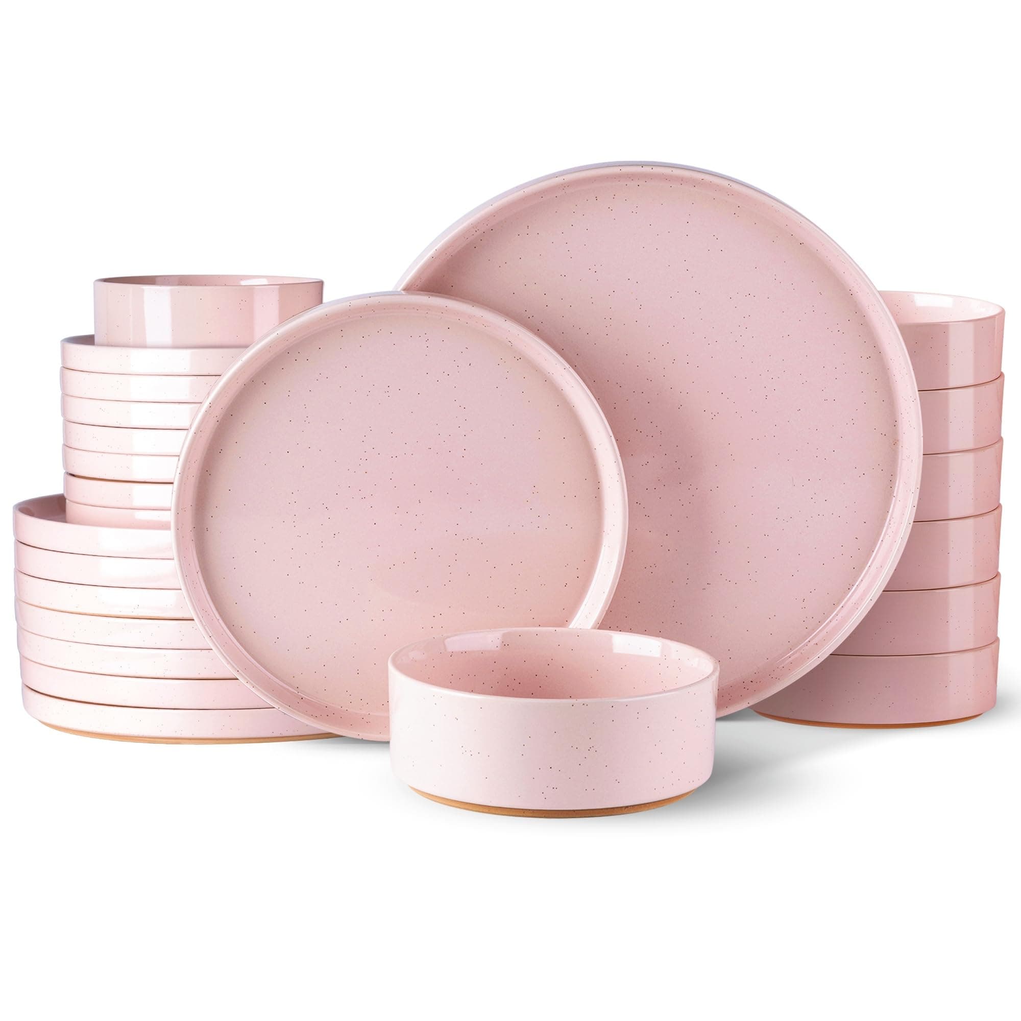 AmorArc Ceramic Dinnerware Set for 8 | Speckled Stoneware Plates and Bowls with Rustic Terracotta Underside| Scratch Resistant,Dishwasher & Microwave Safe Dishes Sets- 24pcs Pink