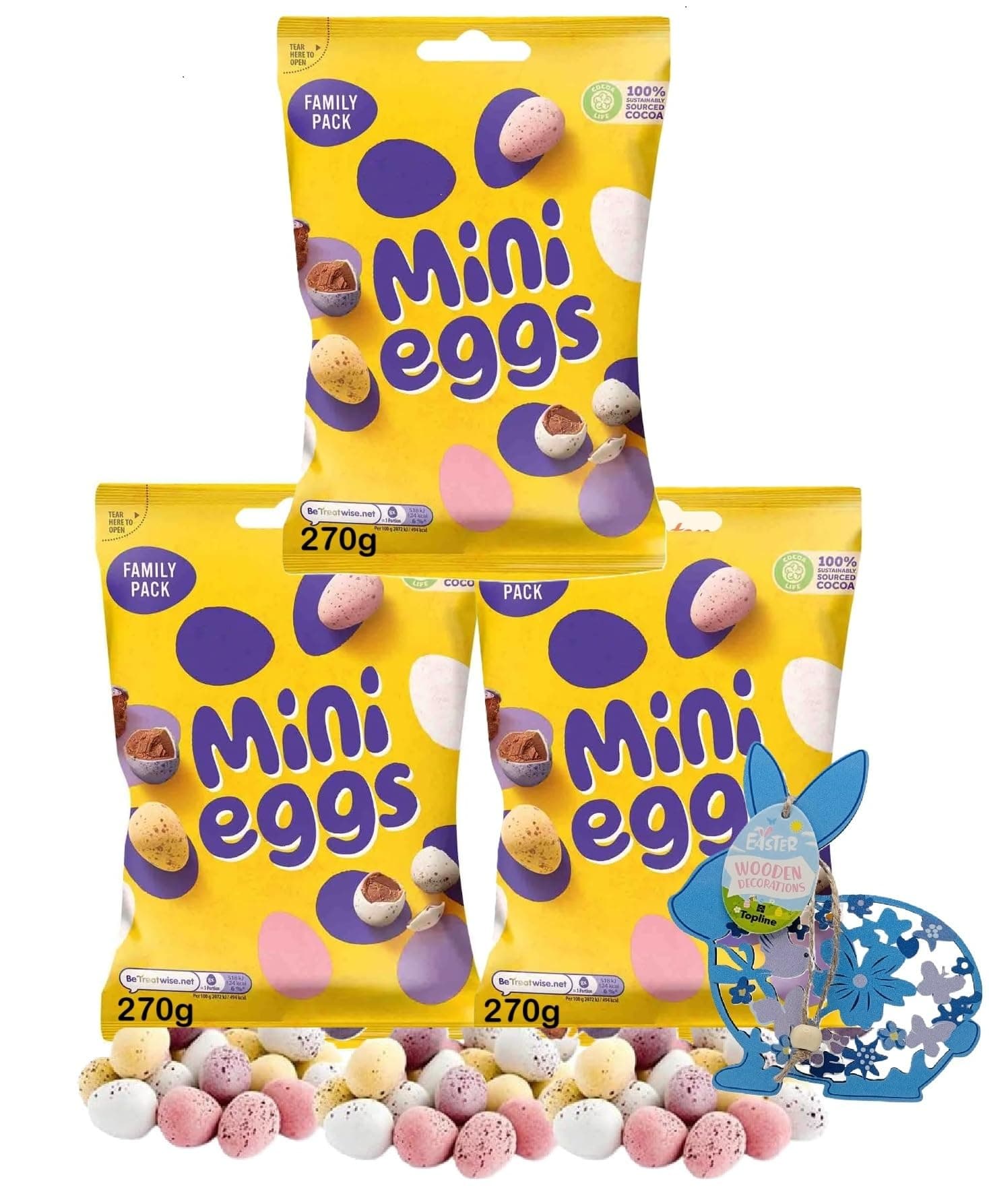 Easter Mini Eggs TOTAL 810g - Chocolate Hamper of 3 x 270g Solid Milk Chocolate Mini Eggs with Topline Hanging Decoration. Great Sweets Gift Box for Easter Gifts, Egg Hunt