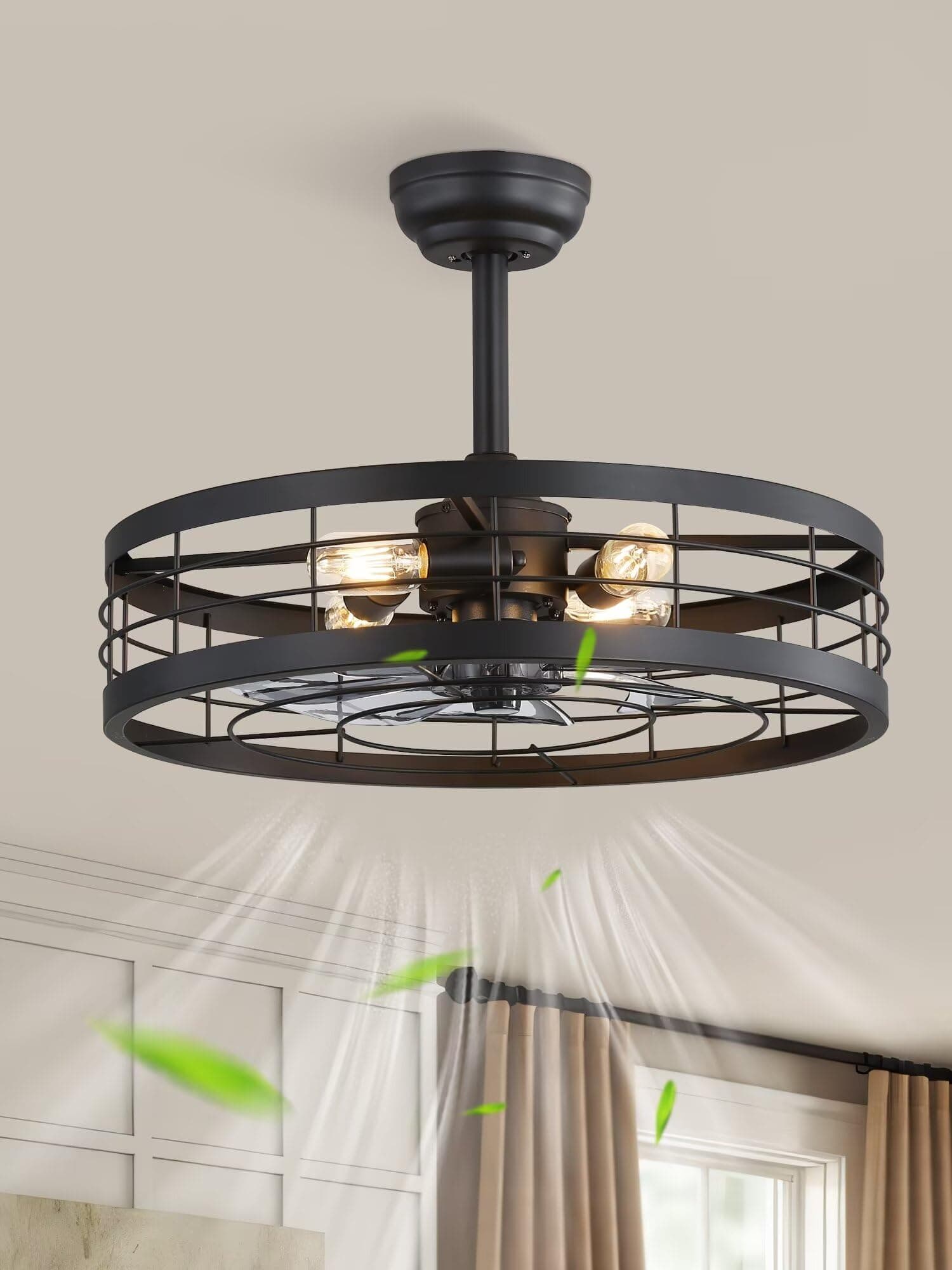 22 inch Black Caged Ceiling Fan with Light, Bladeless Industrial Ceiling Fan with Remote, Farmhouse Fan Lights Ceiling Fixtures for Kitchen, Bedroom, Outdoor（6 Speed, Timing）-Black