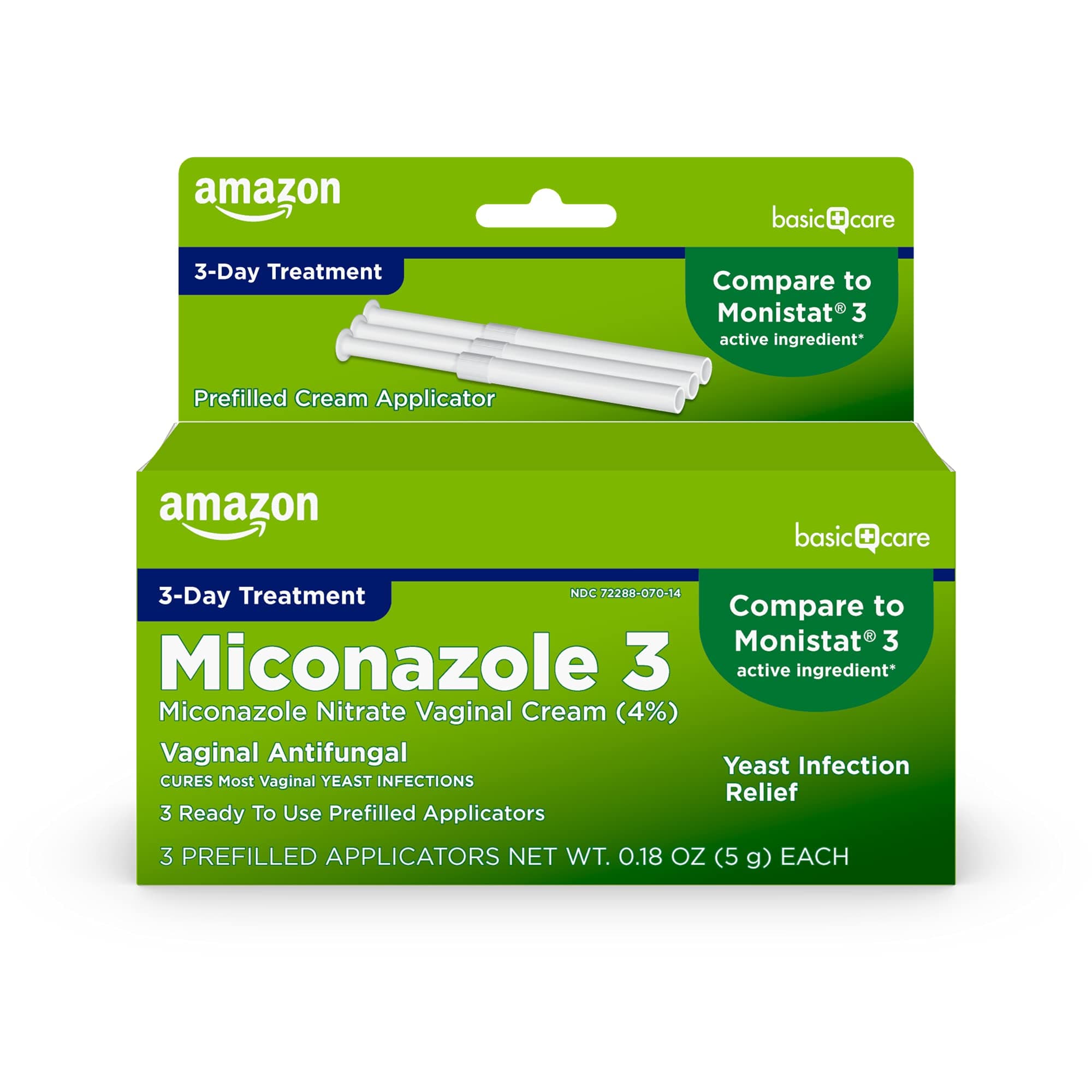 Amazon Basic Care Miconazole Nitrate Vaginal Cream (4 Percent), 3-Day Yeast Infection Treatment for Women with Prefilled Applicators, 0.18 ounce, 3 count