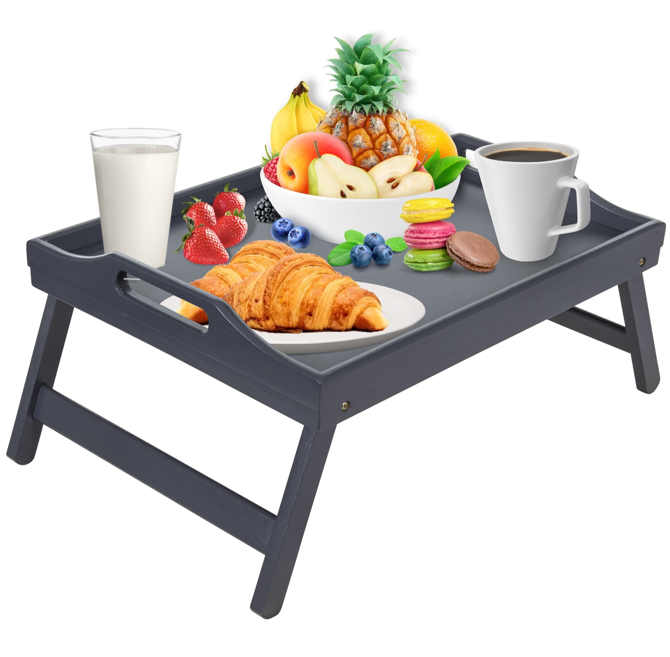 Mosii Grey Bamboo Multipurpose Lap Tray & Foldable Legs Table, Foldable Bed Tray With Handles, Ideal For Breakfast In Bed, Sofa, Eating, Working, Serving, Drawing, Laptop Stand & Snack Tray
