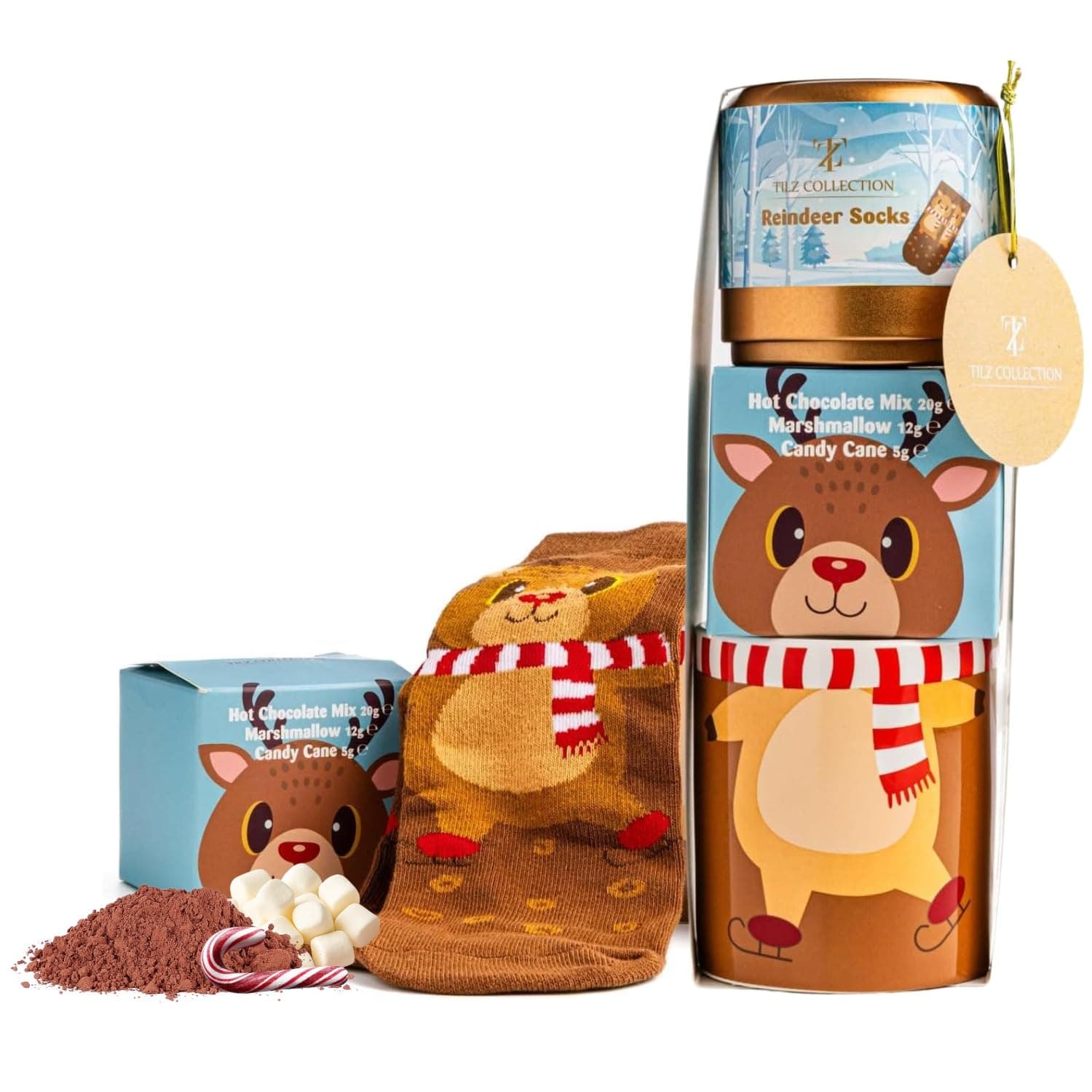 Hot Chocolate Gift Set With Reindeer Mug - Sachets, Mini Marshmallows, Candy Canes and Socks Included