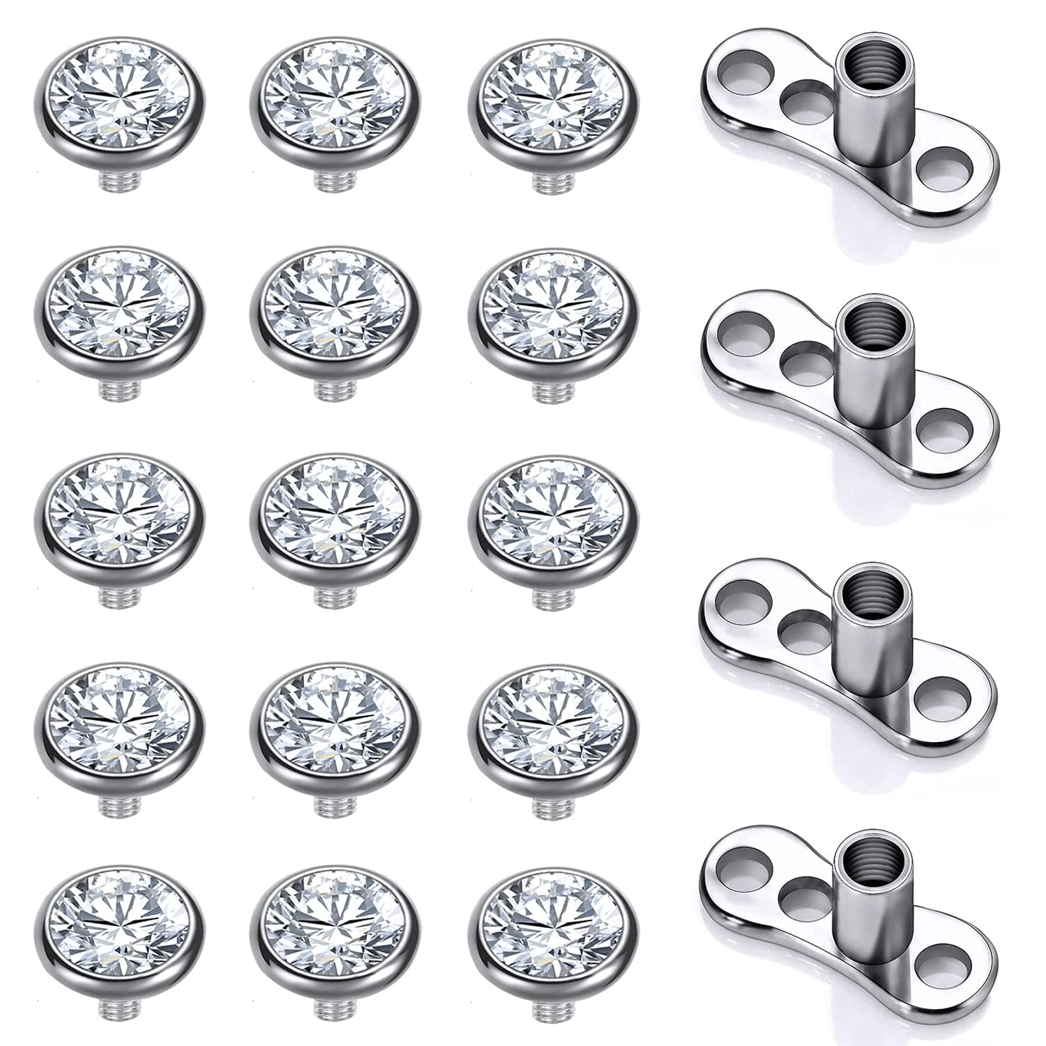 14G Surgical Steel Internally Threaded Dermal Anchor Base Microdermals Piercing for Women Men, 14-19pcs Cubic Zirconia Dermal Anchor Tops 2.5mm 3mm 4mm