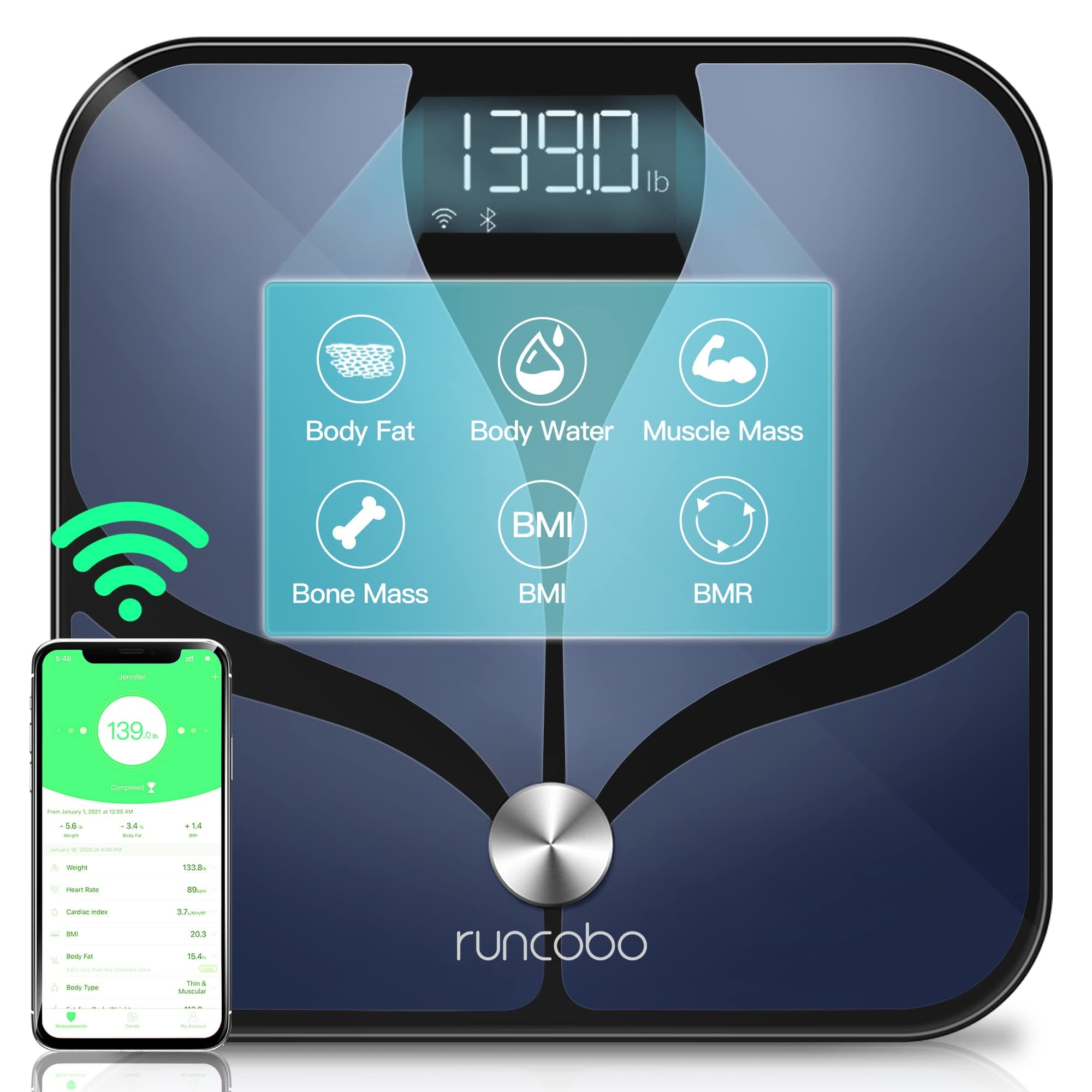Digital Scale, Runcobo Wi-Fi Bluetooth Auto, Switch Smart Scale Digital Weight, Premium Body Fat Scale for Weight, 14 Body Composition Monitor, Support Multiple Users, Auto-Recognition