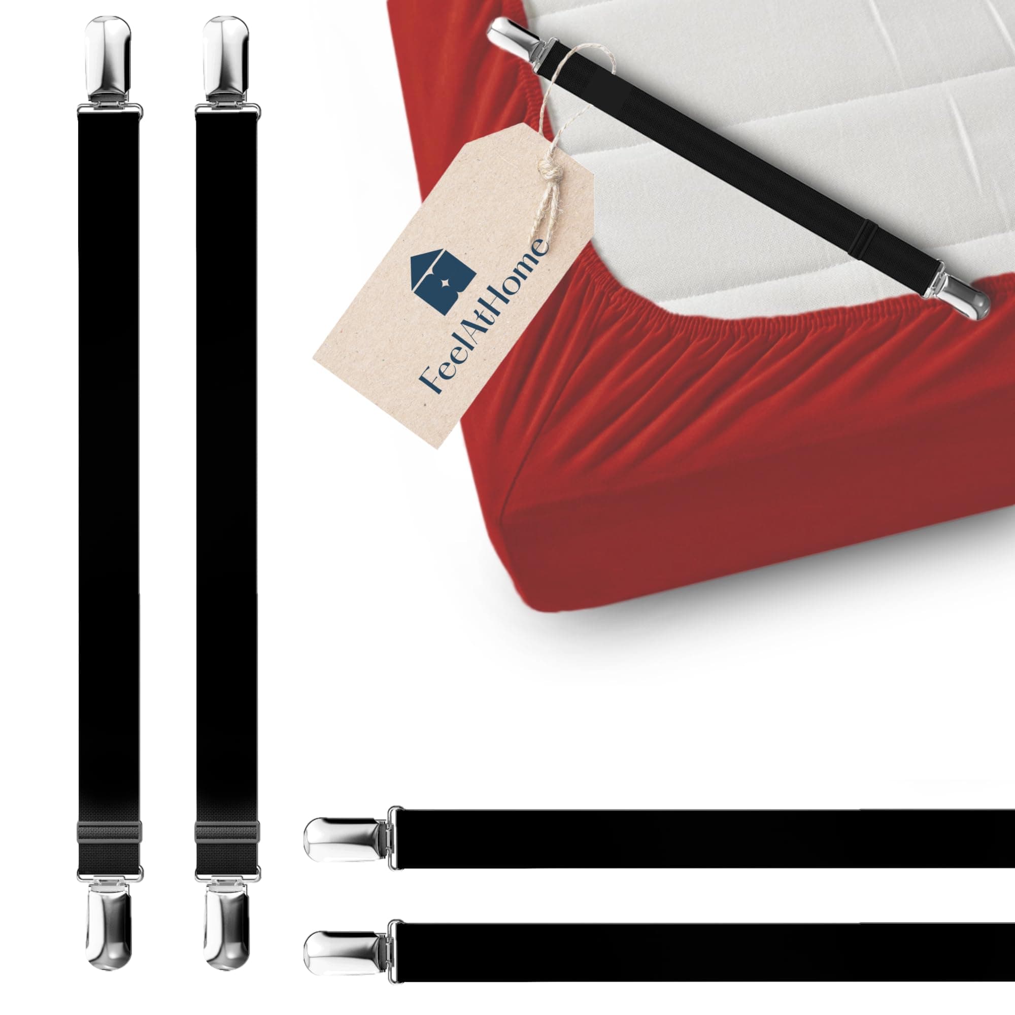 FeelAtHome 4 PCS Bed Sheet Clips Keep Bedsheets in Place - Corner Bands Suspenders for Fitted Sheets - Mattress Sheet Holder Straps - Fits Twin Queen King Garter Fasteners Clamps - Fitted Sheet Clip