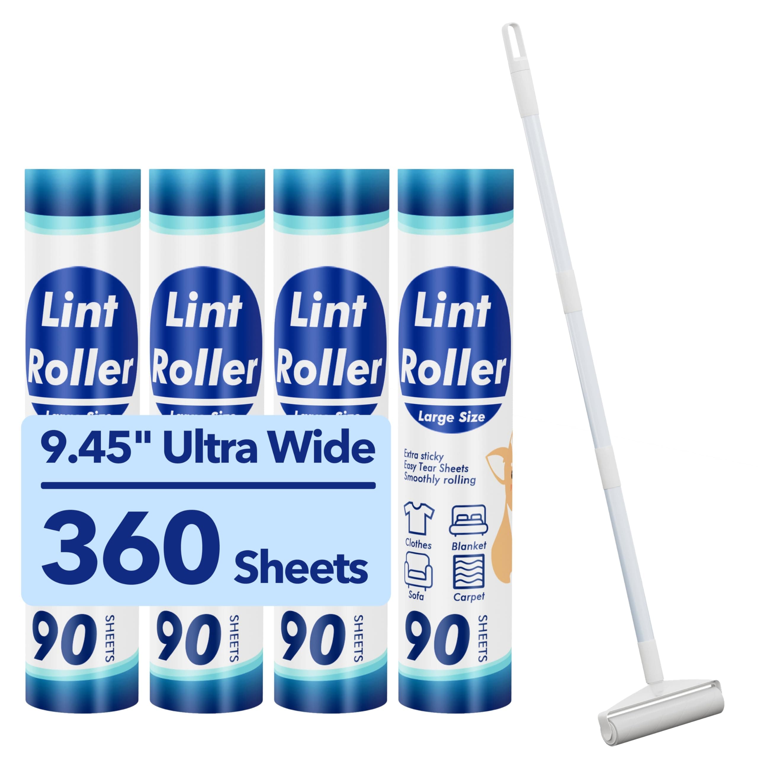 Large Lint Rollers for Carpet, 9.45'' Sticky Rollers for Floor with 360 Sheets, Extendable Long Handle Sticky Mop for Cleaning Couch, Curtains, Cars, Clothing, and Pet Hair