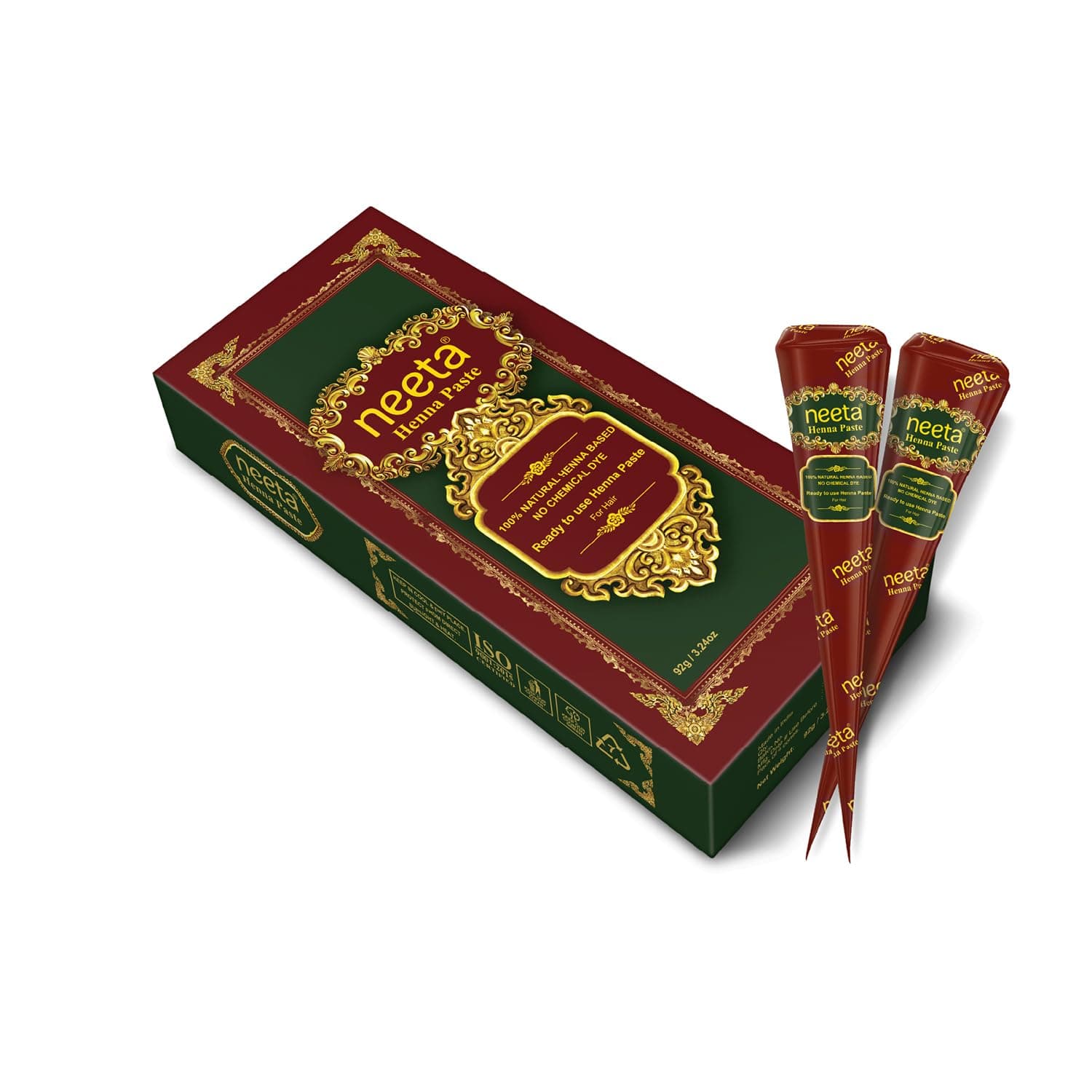 Neeta 4 Pack 100% Natural Ready to Use Henna Paste Hair Dye Cones Reddish Brown Color tubes color for women Perfect for Spot hair coloring, Long-lasting and Cruelty-Free