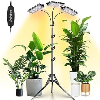 LORDEM Plant Grow Light with Stand, Full Spectrum LED Growing Lamp, Tri-Head with 3H/6H/12H Timer, 6 Dimmable Levels, 3 Lighting Modes, 15"-63" Adjustable Tripod