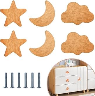6PCS Wooden Cabinet Knobs Star Moon Cloud Shape Wood Knobs for Nursery Room, Kids Dresser Knobs Nursery Drawer Handles with Screws