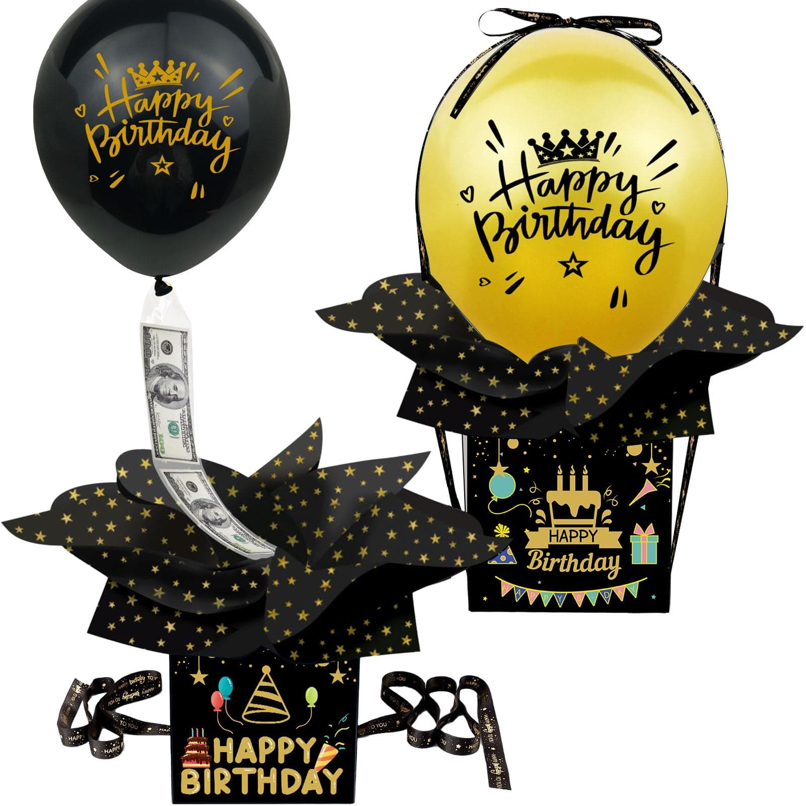 2 PCS Money Pull Box for Cash Gift, Funny Pull Money Balloon Box Happy Birthday Surprise Set with 15 happy birthday balloons，Unique Birthday Surprise Gift Box for Wife、Friend.(Gold)