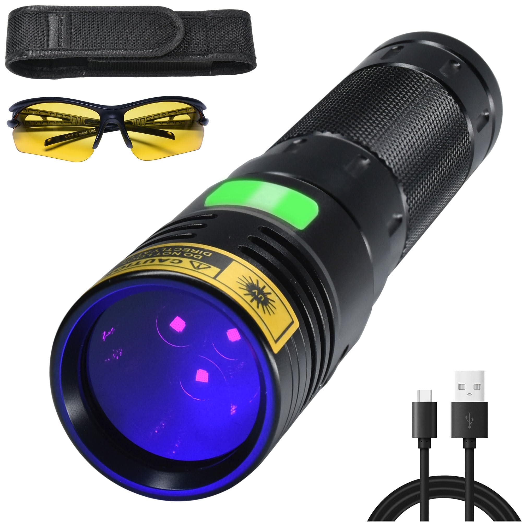 Flashlight UV 365nm Black Light High Power 3 LEDs USB -C Rechargeable, 20W Mini Woods Lamp Ultraviolet with Filter - Detector for Pet Urine, Uranium Glass - Leak Detection - Resin Curing