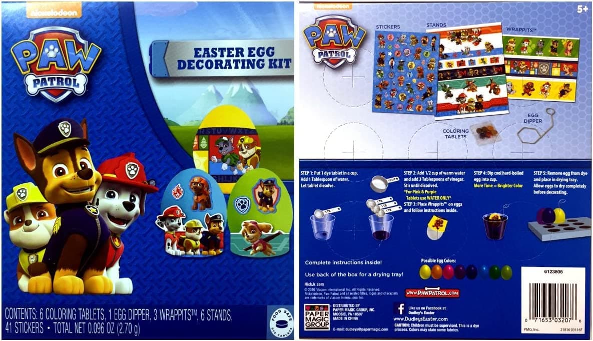 Paw Patrol Easter Egg Decorating Dye Kit with 41 Stickers featuring Skye,Rubble,Rocky,Marshall, Zuma, Everest, Chase and Ryder