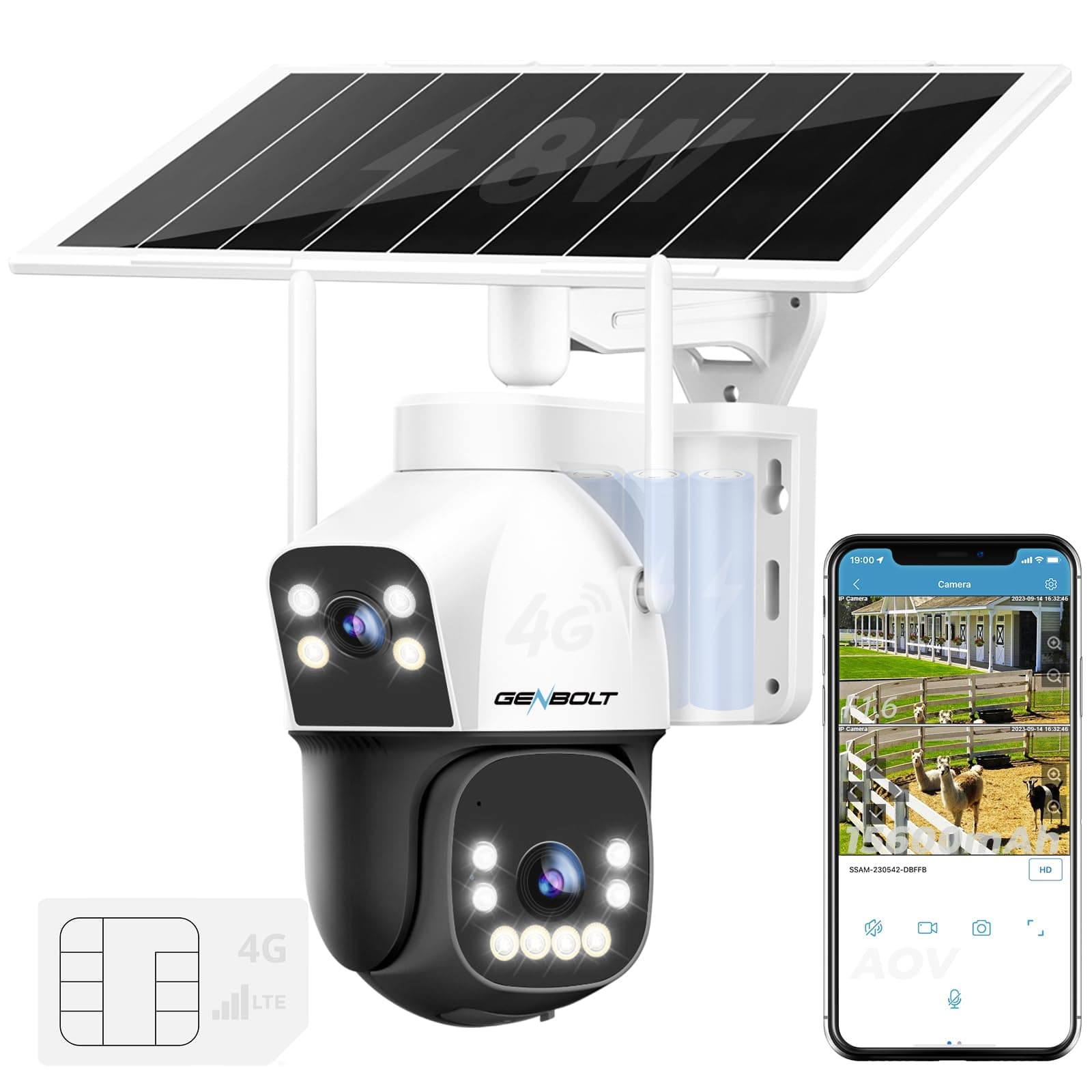 GENBOLT 3G/4G LTE Cellular Solar Security Camera Outdoor Wireless, 8W 15600mAh Battery Operated Surveillance Camera No WiFi, Dual Lens Spotlight IP Camera CCTV with SIM Card
