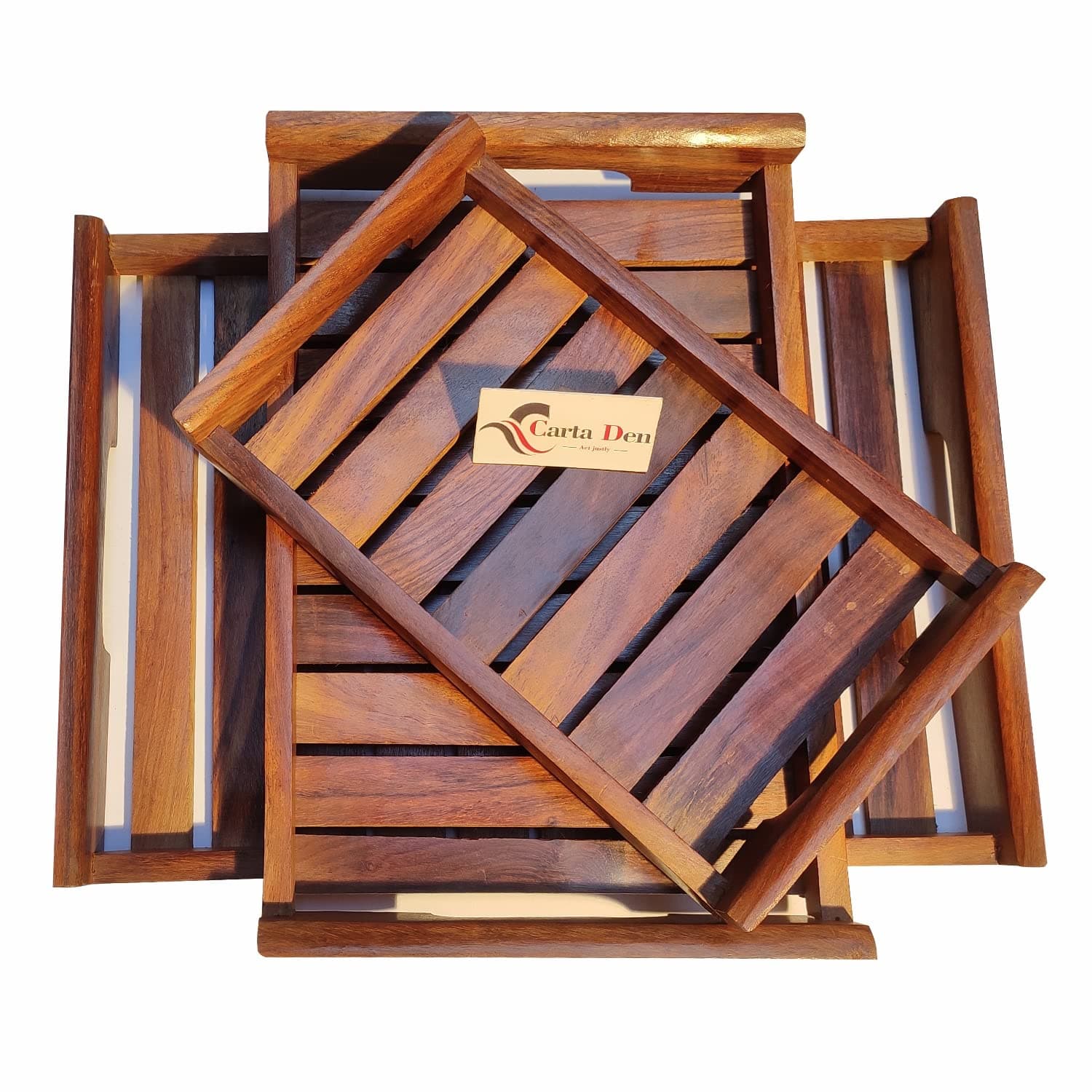 Wooden Serving Trays Large Medium And Small, Nesting Multipurpose Trays - For Breakfast, Coffee Table/Butter & More (Cutout Handle Tray, Set of 3) Rectangular