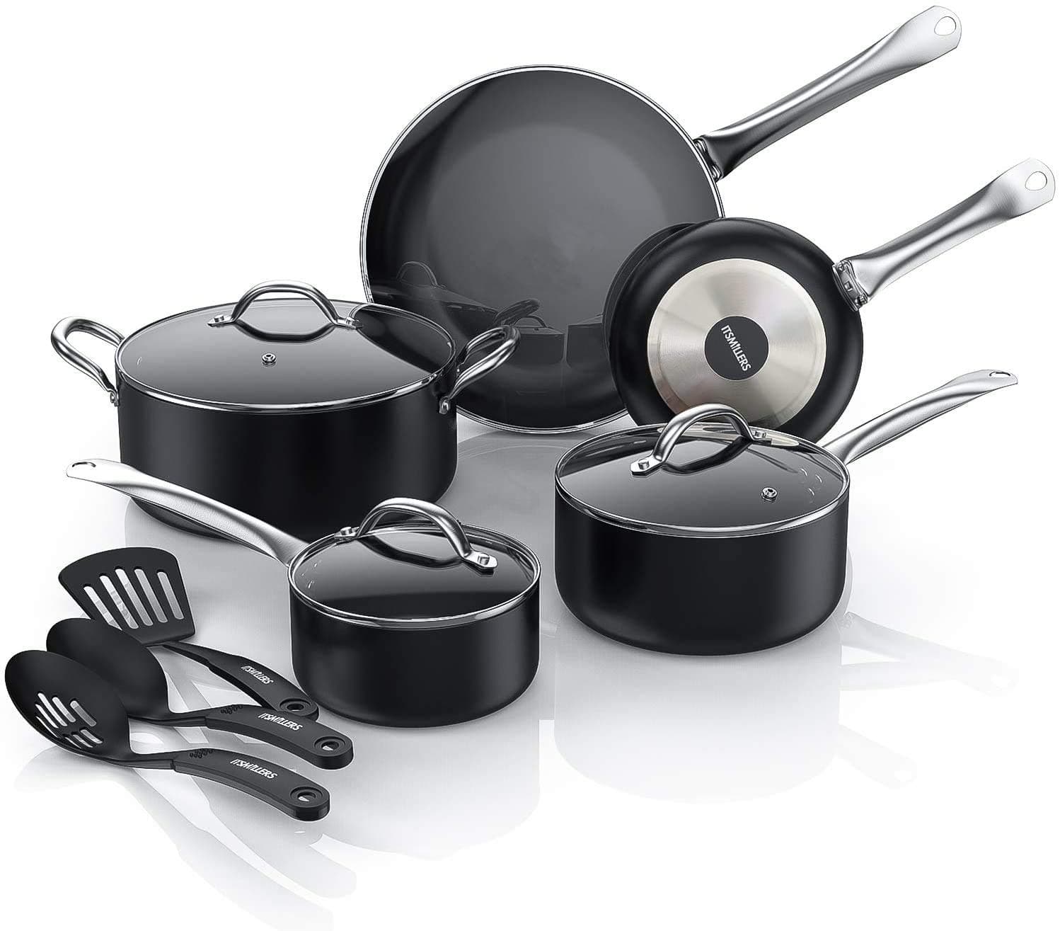 Nonstick Kitchen Cookware Set.Classic 11 Pcs Pans and Pots Set with Glass Lids,Dishwasher Safe,Induction Bottom