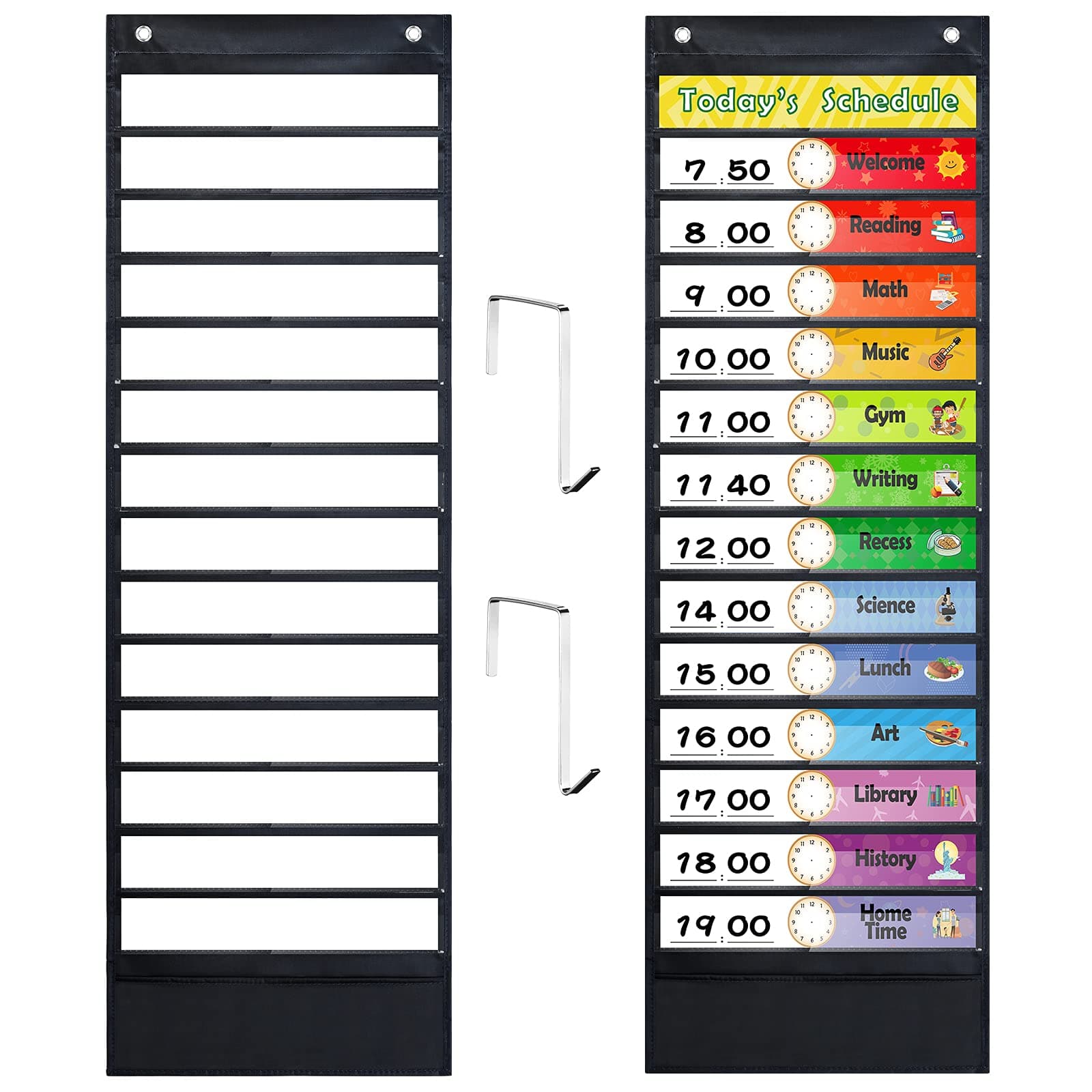 AMIAEDU Daily Schedule Pocket Chart, Classroom Schedule Pocket Chart with 28 Reusable Dry-Eraser Cards (14 Color+14 Blank), Schedule Pocket Chart for School Office Home Preschool Activities, Black
